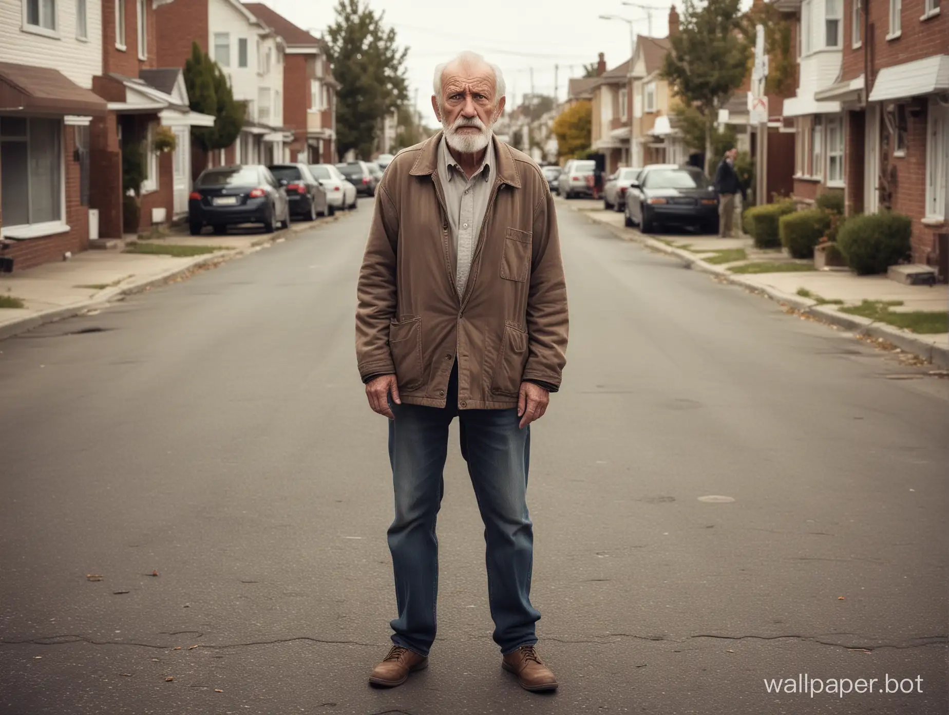 Old man with attitude in an altercation with young people, full body view, detailed features, sharp image. Suburban street setting.