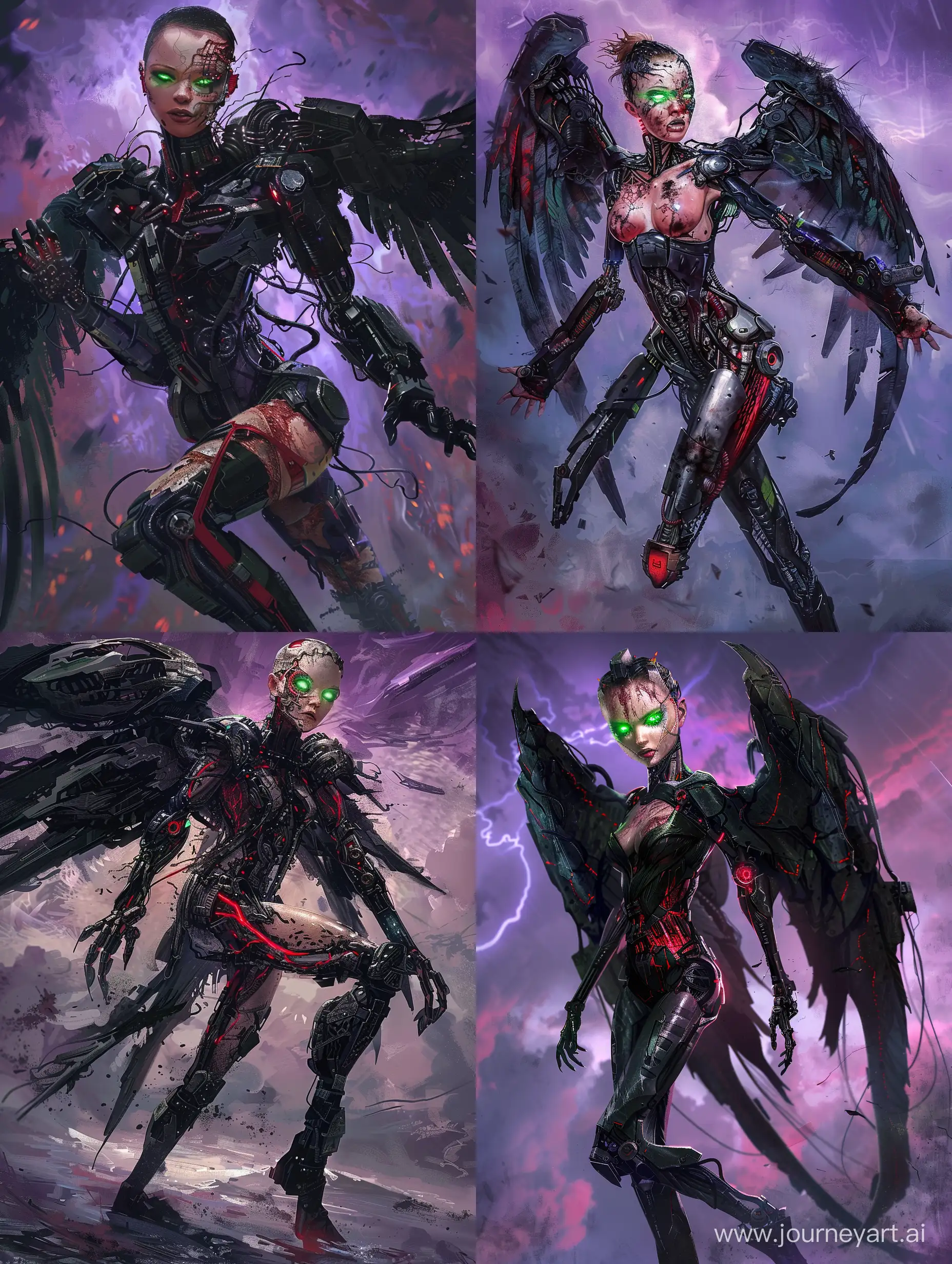 Cyberpunk portrait of a cyborg girl with a scarred face, glowing green eyes, and a black and red cybernetic armor. Her left leg is replaced with a metallic leg, and she has black metallic wings spread wide behind her, exuding a fierce aura. Set against a backdrop of a stormy purple sky.