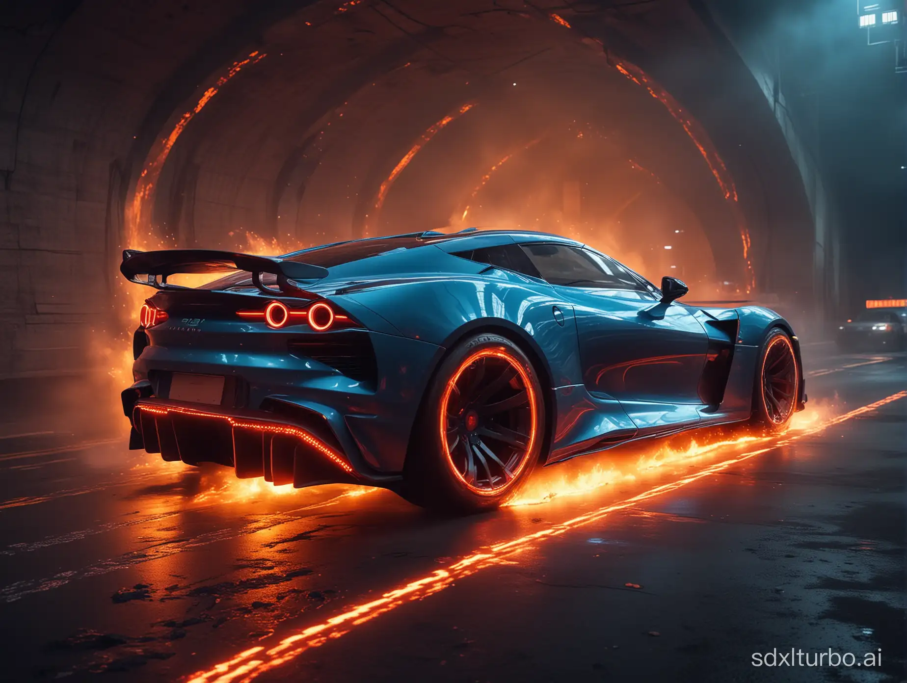 The sports car of the future, which is speeding through a tunnel full of neon lights. The tunnel is full of flames. The design of the vehicle is very streamlined, with a sci-fi style. The body reflects the colors of the surrounding environment. The tires rub against the ground and sparks. The overall fire is everywhere. The background lights show red, blue and other colors. The atmosphere is fantastic and dynamic.