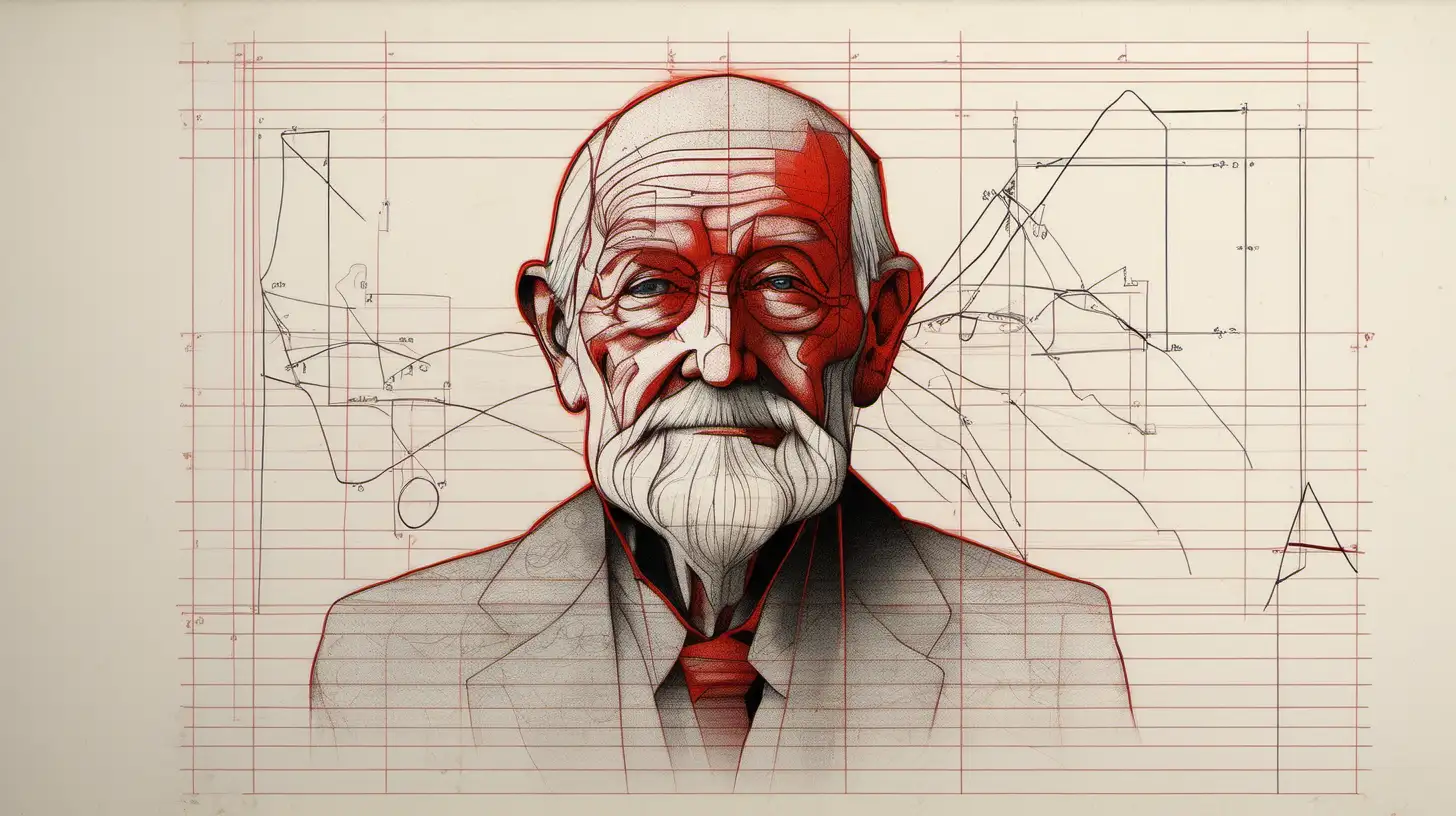 Wise Old Man in Black and Red Diagrammatic Drawing Version 4