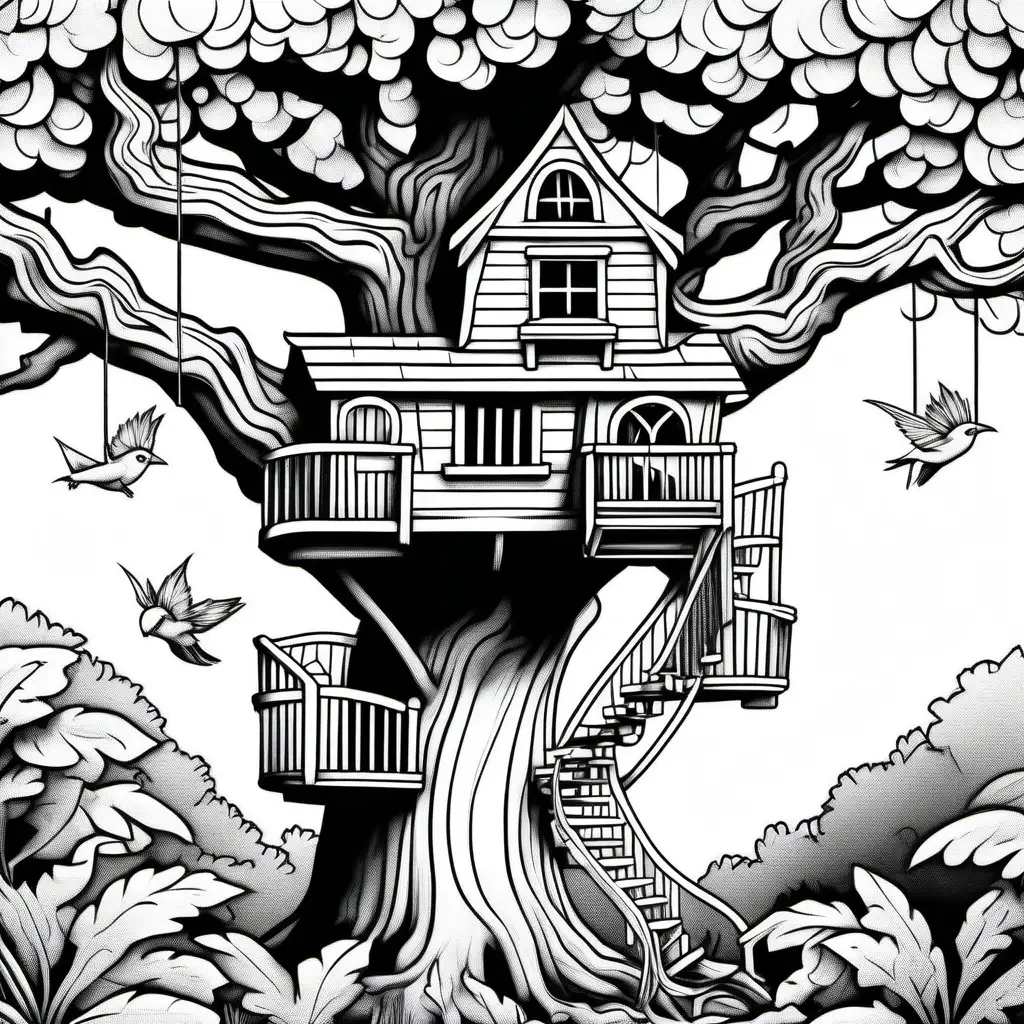 3 story tree house in an oak tree, 1-dimensional coloring book page, black and white, brightest whites, blackest blacks, no shading, bold black lines, white background, clean edges, full page, color by number