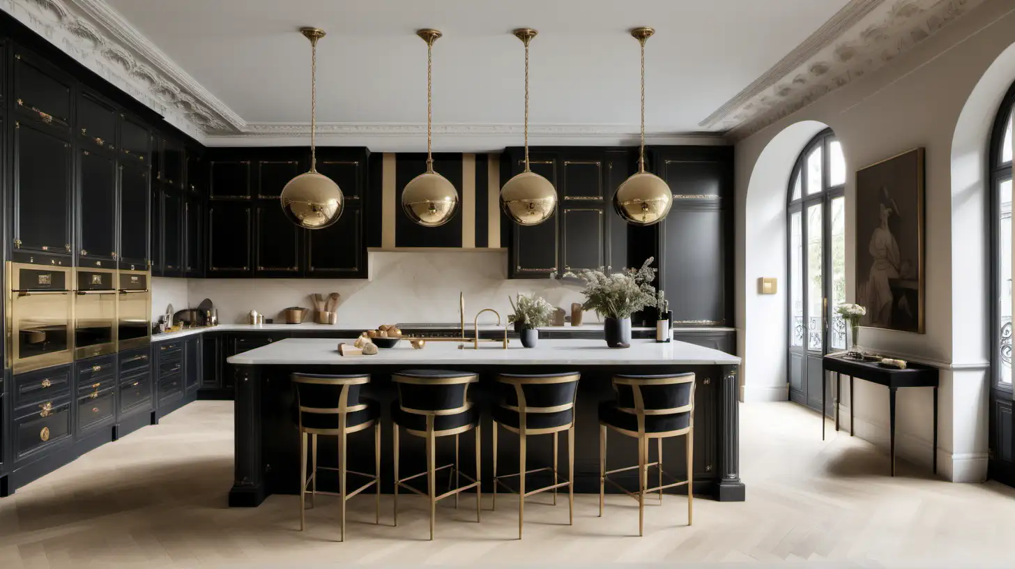 large parisian open plan kitchen; beige, oak, brass, black colour palette



