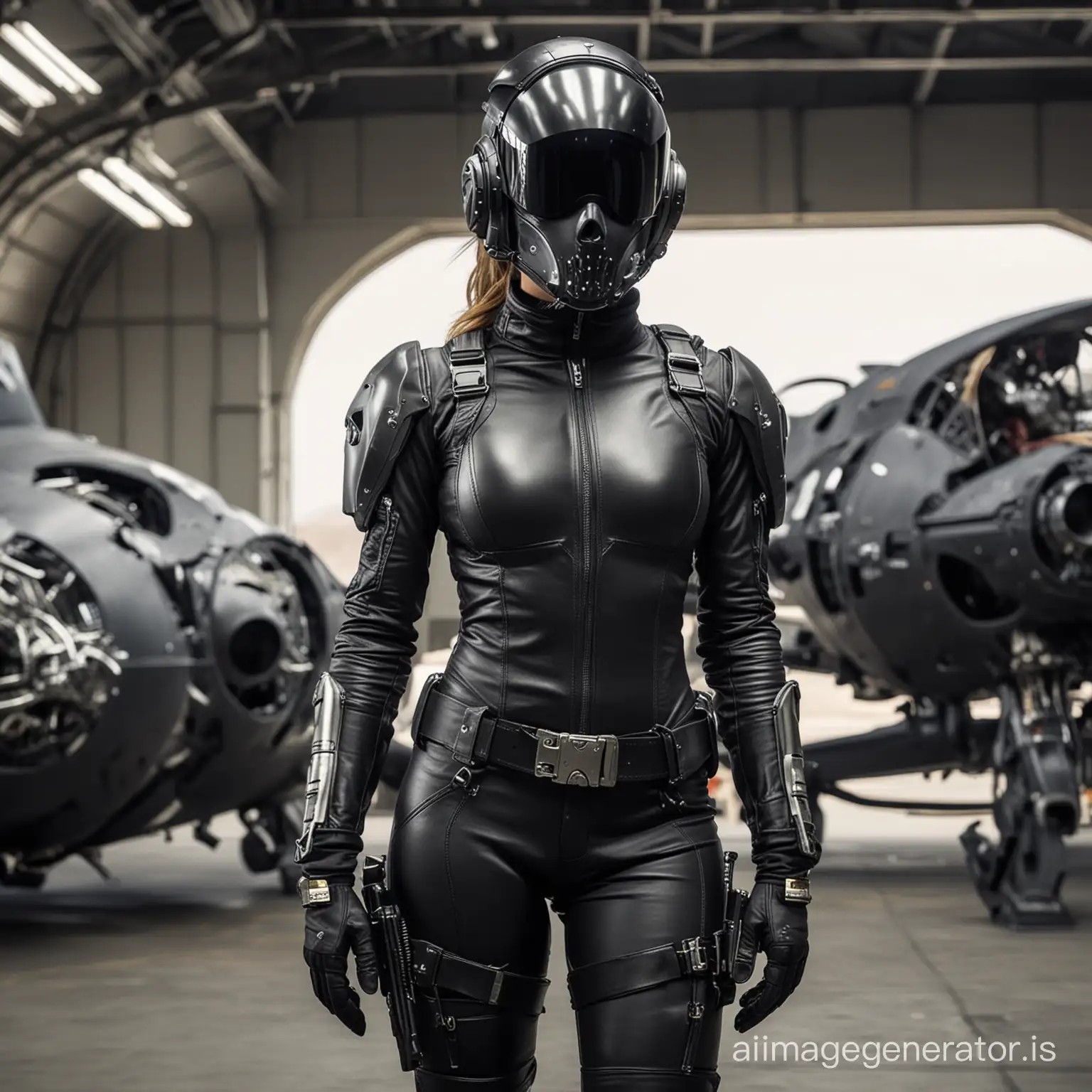 an object that looks like a woman bounty hunter wearing an open tight black flight suit that is open at the chest with a skull helmet and tactical gear with a singular spacecraft in background