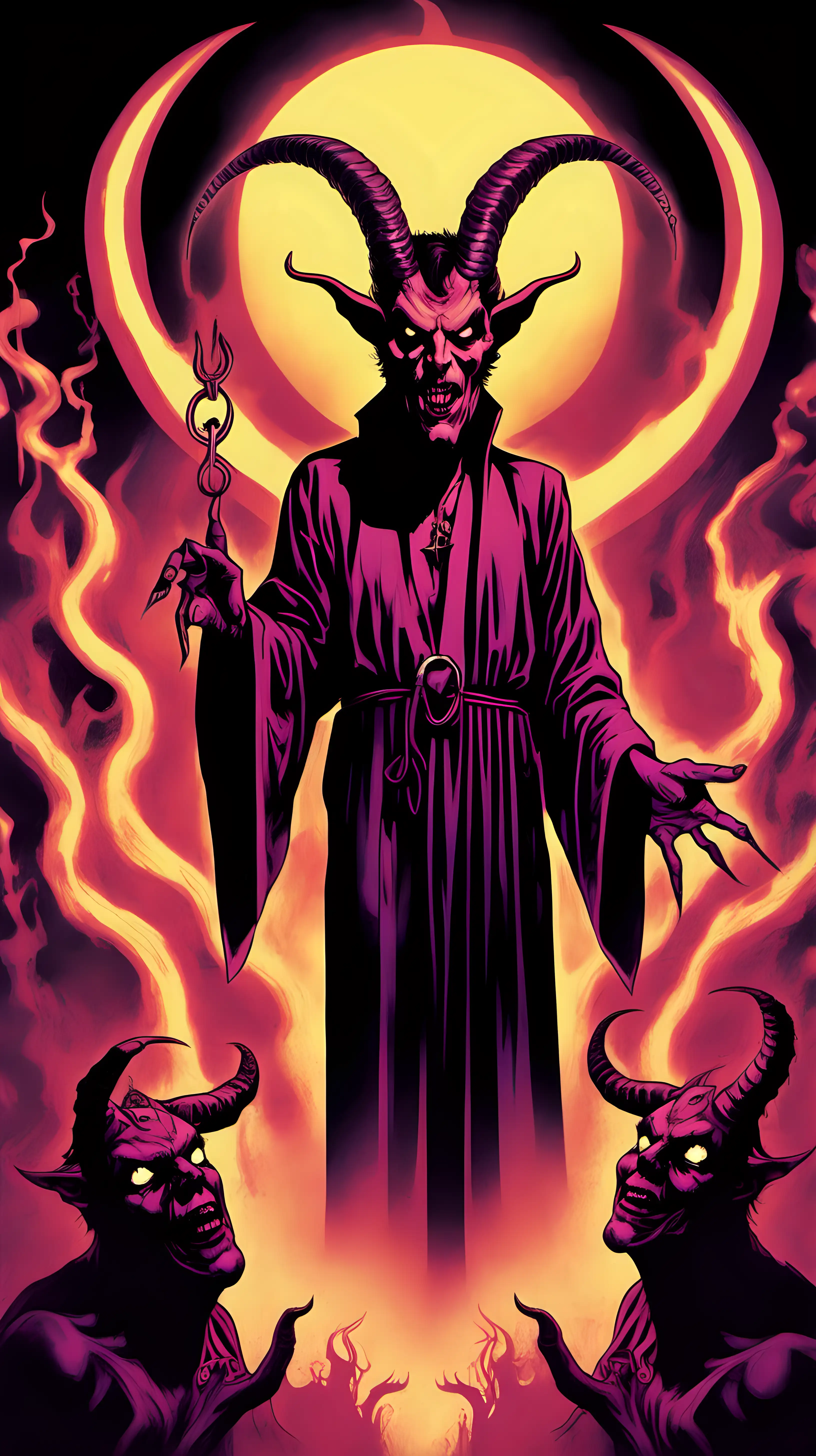 Illustrate a 1970s-style blend 1980s-style graphic of satan the devil in the style of half goat with evil eyes floating, giving the illustration a very Drew Struzan style.