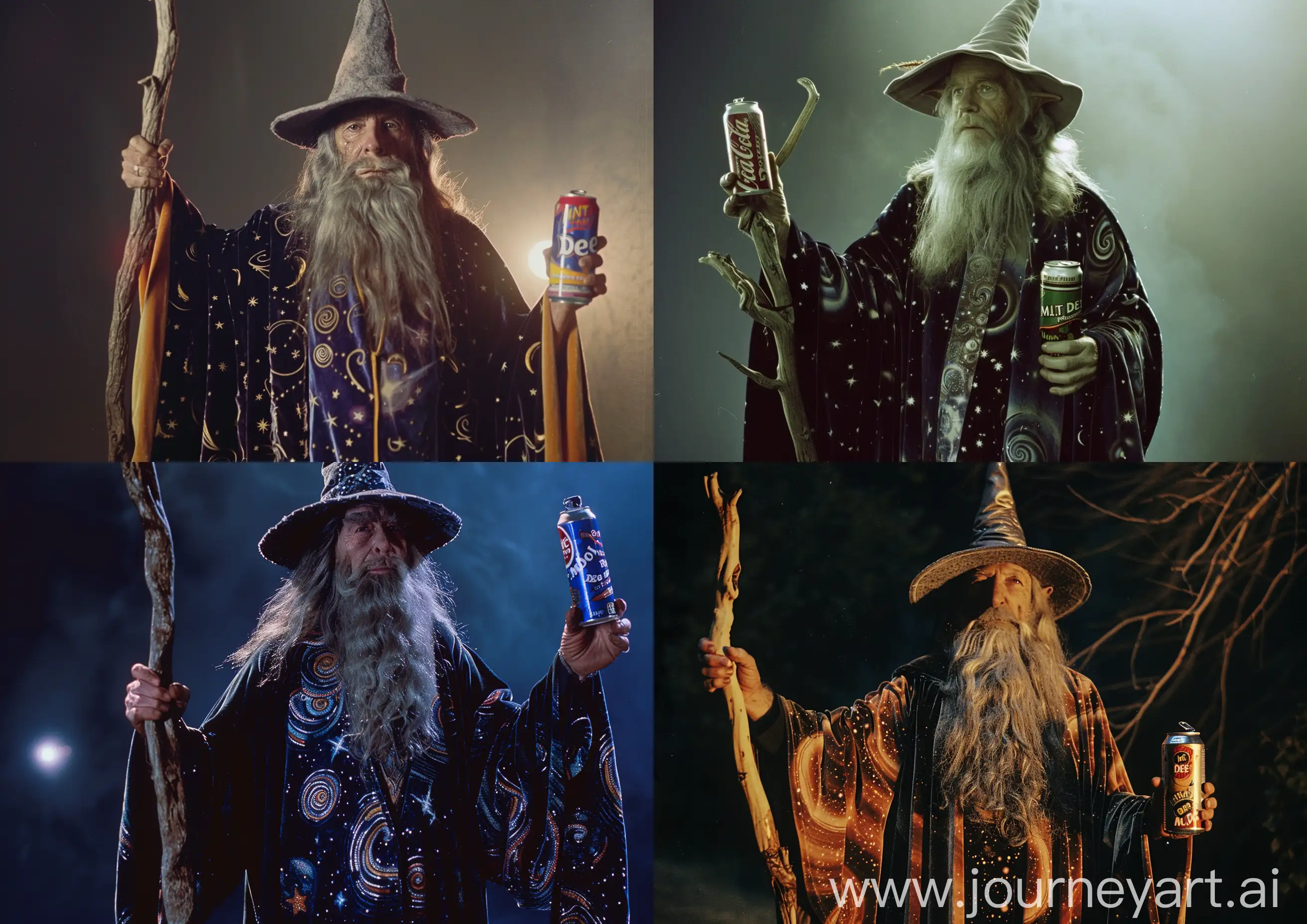 35mm film still, a wizard with a long grey beard wearing a bit pointy wizard hat and long velvet robes decorated in a print of swirling stars and galaxies. They are holding a gnarled wooden staff in one hand and a can of Mt. Dew in the other. illuminated by the soft glow of the moon. --ar 7:5 --style raw --v 6.0