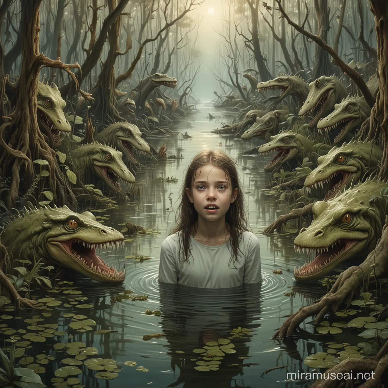 young girl with crocked teeth immerging from a swamp surrounded by mythical creatures in a the style of surrealism