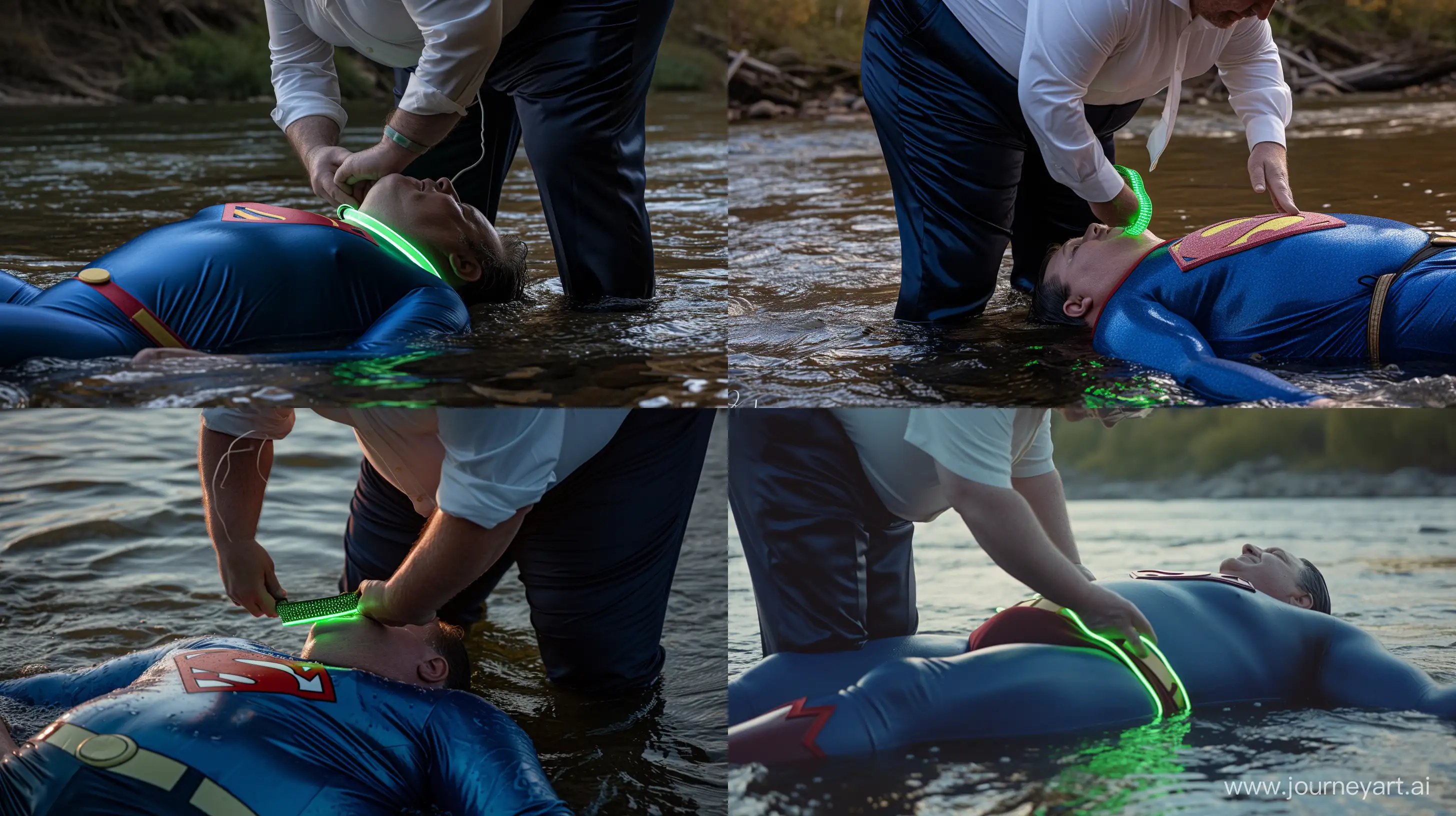 Close-up photo of a fat man aged 60 wearing silk navy business pants and a white shirt. Bending and putting a tight green glowing neon dog collar on the nape of a fat man aged 60 wearing a tight blue 1978 superman costume lying in the water. Natural Light. River. --style raw --ar 16:9