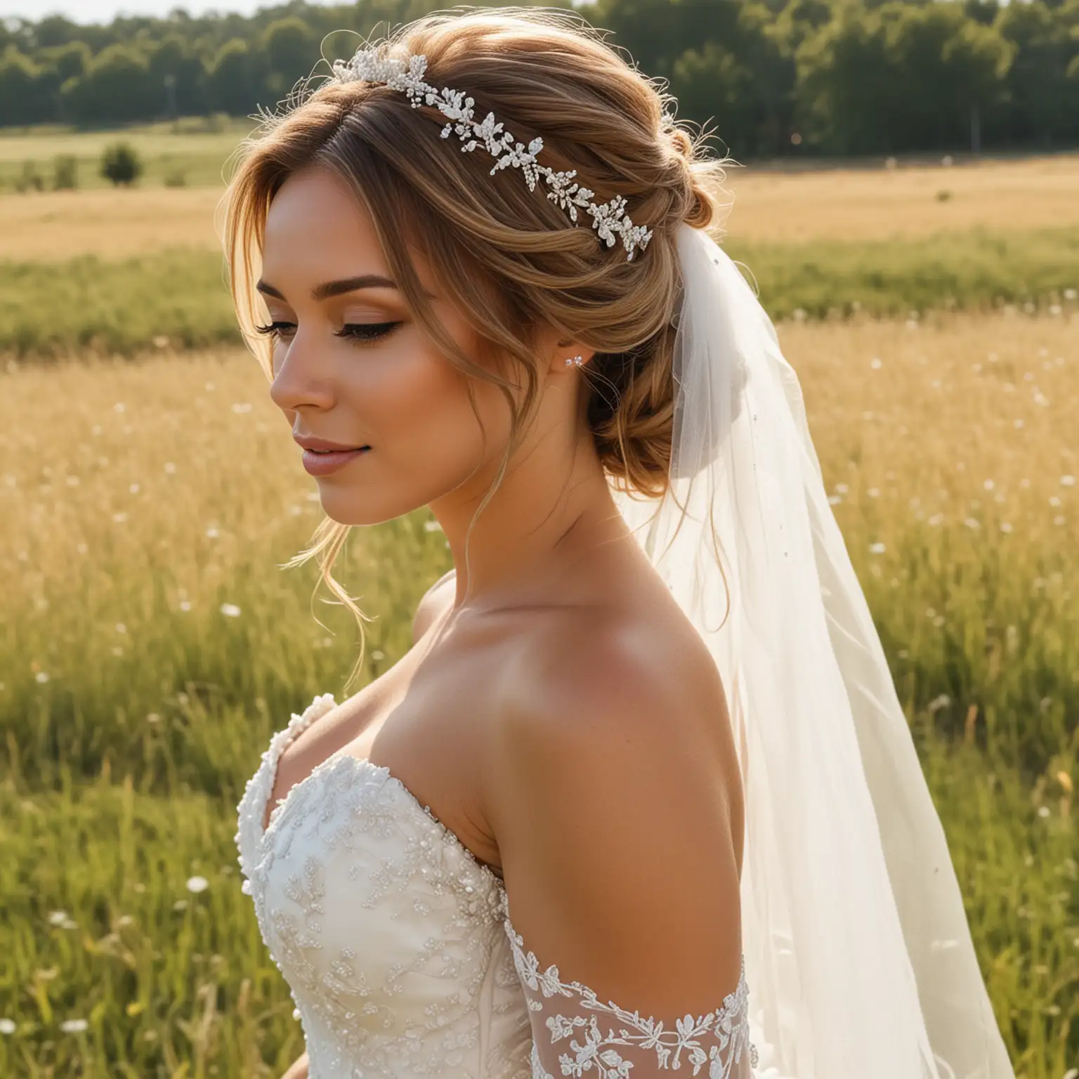cubby bride, complete face side view, light brown hair with highlights in a bridal hairstyle , white bride dress, summer , out in the field , no jewelry, with vail , face partially covered , groom blurred in the background
