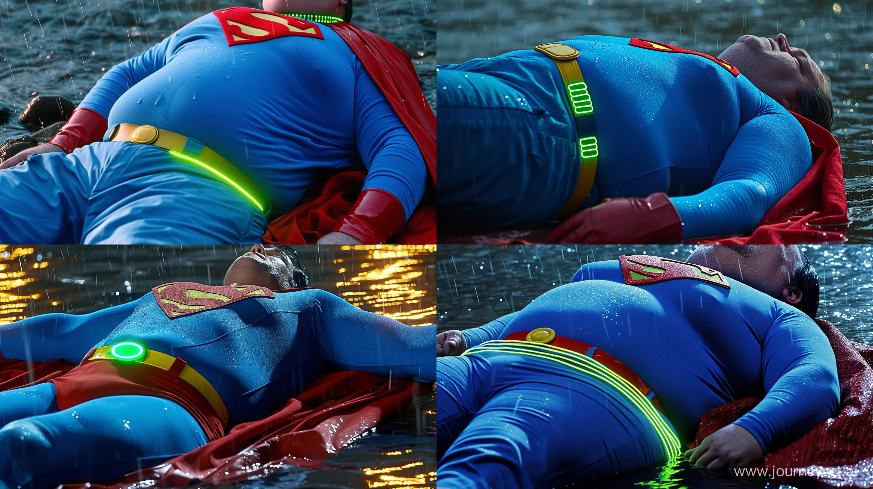 Close-up photo of a fat man aged 60 wearing a tight blue 1978 smooth superman costume with a red cape and tight green glowing neon dog collar lying in the rain. Blue shirt. Blue pants. Red boots. Yellow Belt. Red Superman Trunks. Natural Light. River. --style raw --ar 16:9