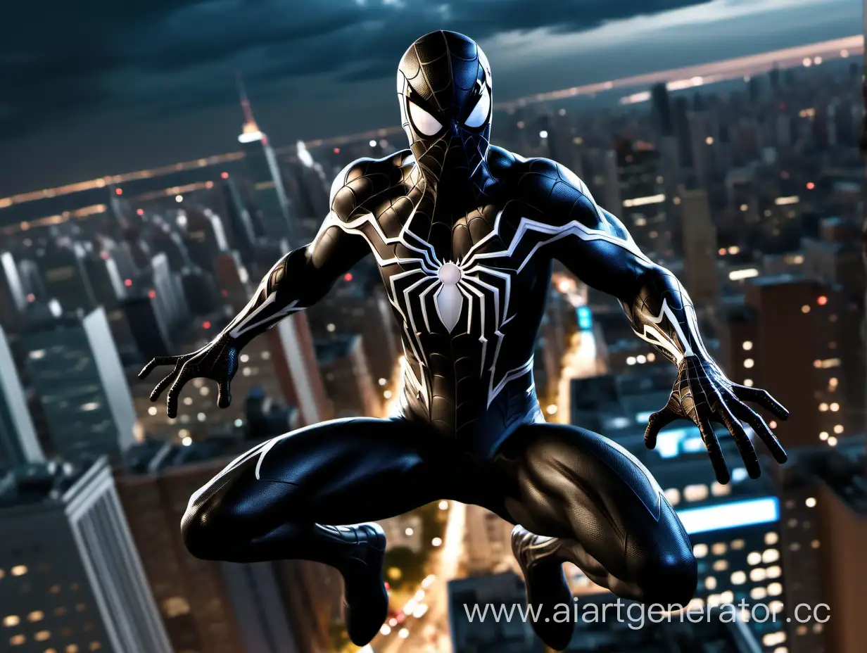 человек паук летит на путине в черном костюме симбиота , при это он очень злой .Очень детализированный костюм , захватывающий вид города с высоты .На улице ночь 