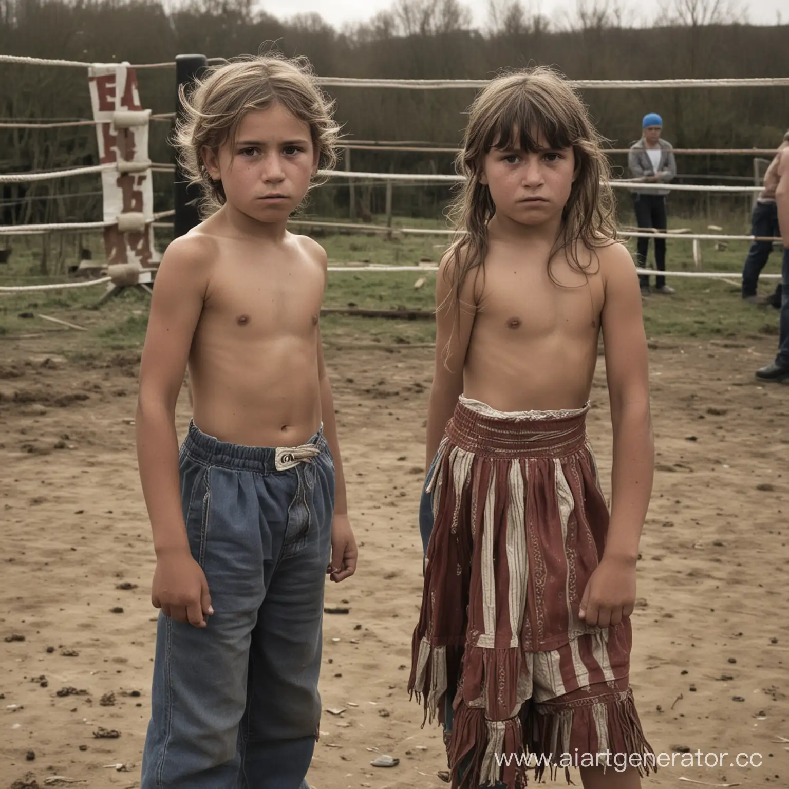 Teenage-Boy-and-Girl-Capturing-Gypsy-Child-Boxing-Match-on-Camera