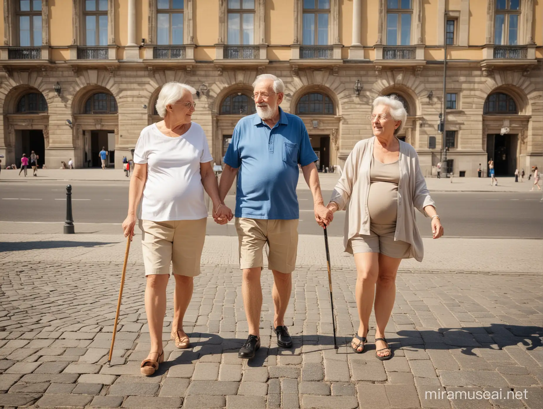 Elderly Couple Strolling by Stockholms Royal Palace on a Sunny Day
