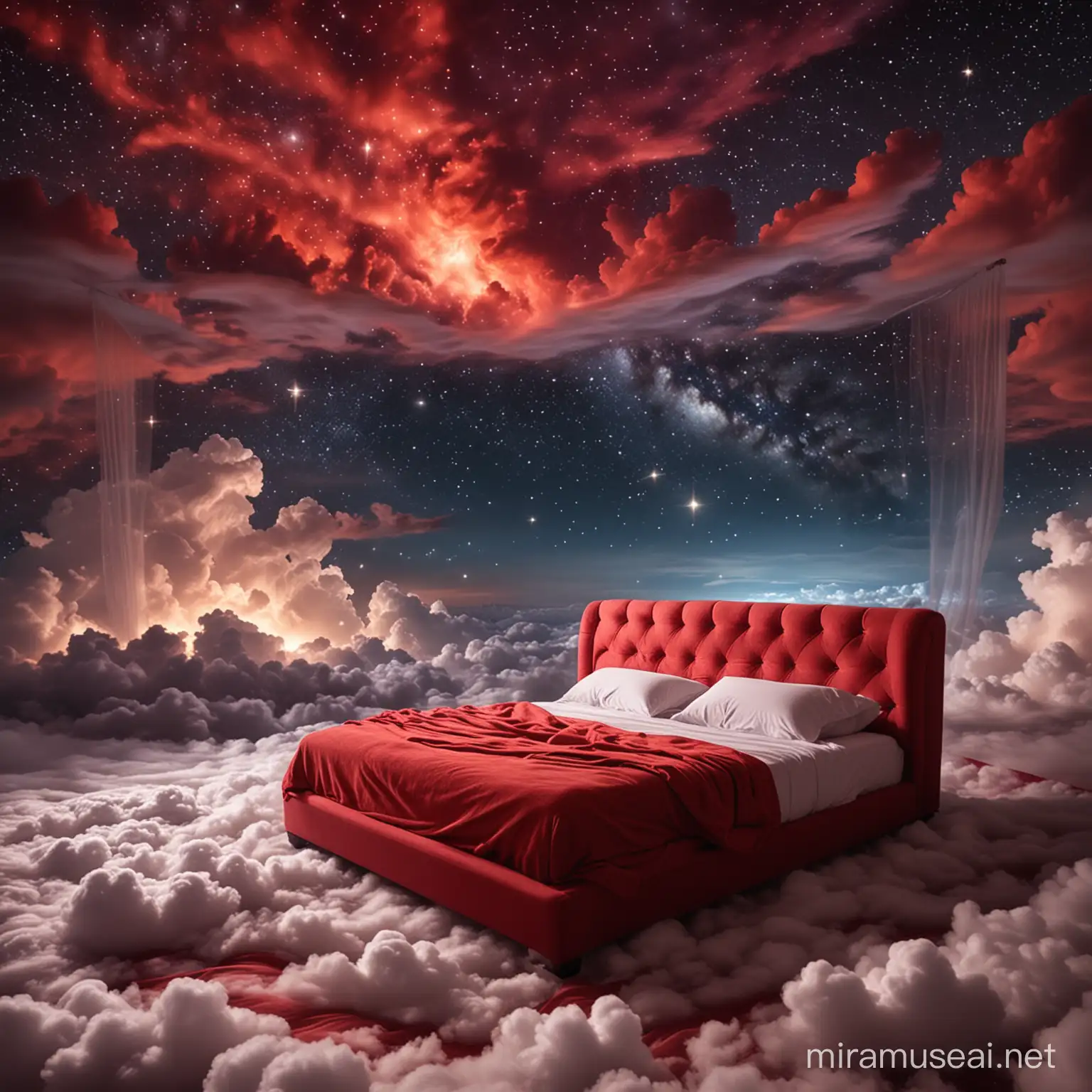 A beautiful, comfortable red bed covered all over with clouds , among the stars in the sky with clouds