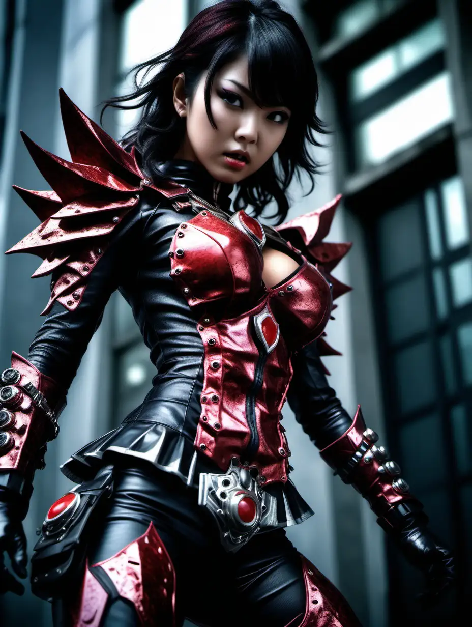 (cinematic lighting), in the world of Kamen Rider Decade , 1 voluptuous beautiful warrior women fighting for her life, fierce fight, blood on the body, wearing boots, intricate details, detailed face, detailed eyes, angle from below, hyper realistic photography
