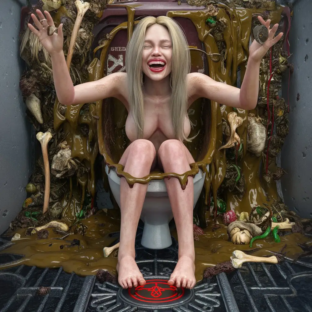 3d ultra realist resolution render, unreal engine render image portrait of blond young twenty girl russian women long hair painful laughing arms up hair body armpits, sit on toilet flood by liquid mud organic trash bones worms and push red botton writed Drown slave, iron floor. 