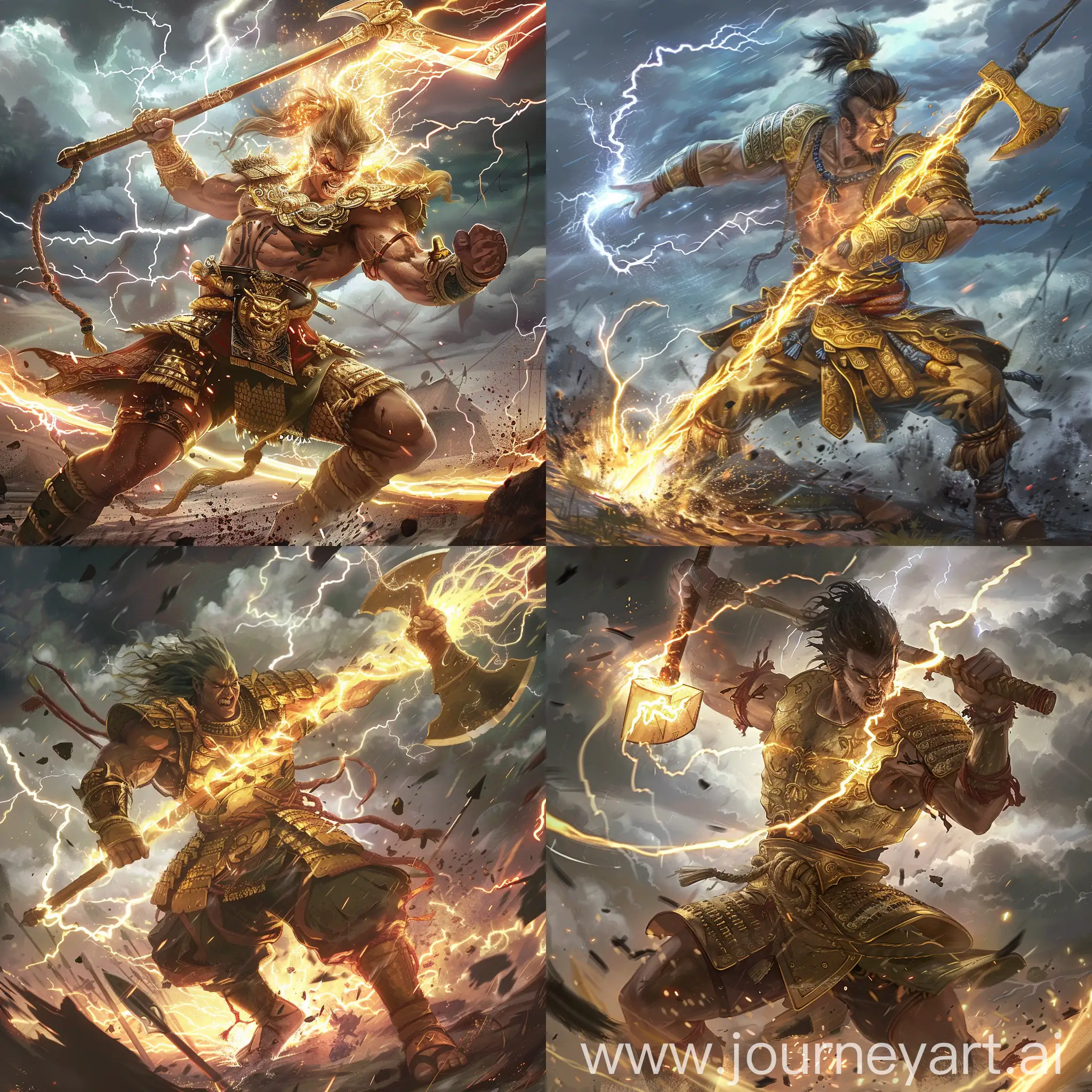
2D Anime Visualize a heroic scene from ancient legends: Sakata Kintoki, a formidable warrior endowed with divine strength, is captured in the decisive moment of executing his Thunderbolt Throw. Clad in traditional armor that gleams with a golden hue, his muscles tensed with effort, Kintoki is in the process of hurling his legendary axe. This weapon, surrounded by a crackling aura of lightning, embodies the power of a tempest, its blade aglow as if forged from the very essence of a thunderstorm. The setting is a battlefield steeped in the chaos of war, under a brooding sky from which dark clouds and fierce winds swirl around, mirroring the tumultuous energy of Kintoki's attack. The scene is charged with the dynamic tension of a mythic duel, where every detail of Kintoki's determined expression, the electrified atmosphere, and the storm-battered landscape contributes to the sense of an epic moment frozen in time."