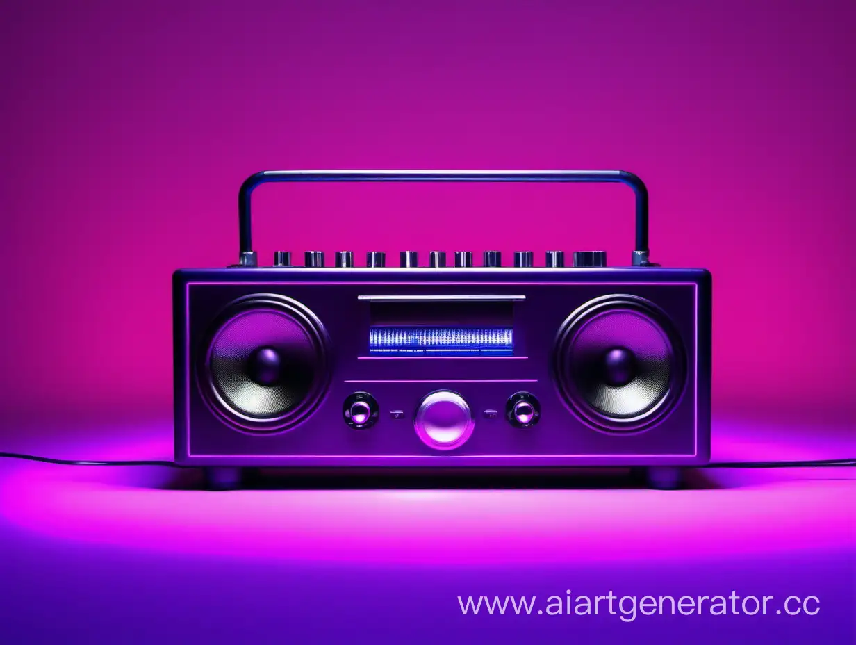 Неоновая аудио система на фиолетовом фоне в горизонтальном положении