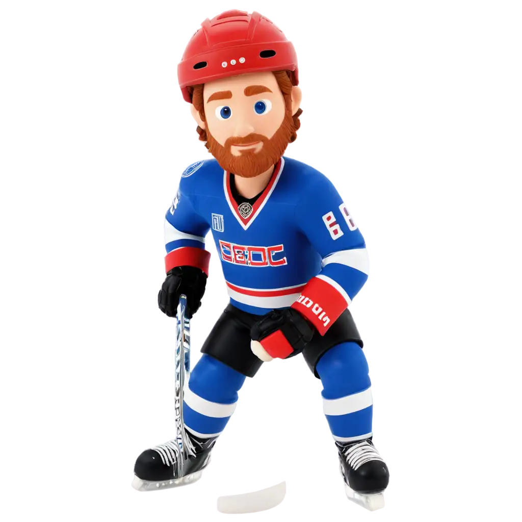 hockey player comic figure with ginger hair and no beard, wearing a helmet
his jersey is blue, white and red and has the letters "ZSC" on it