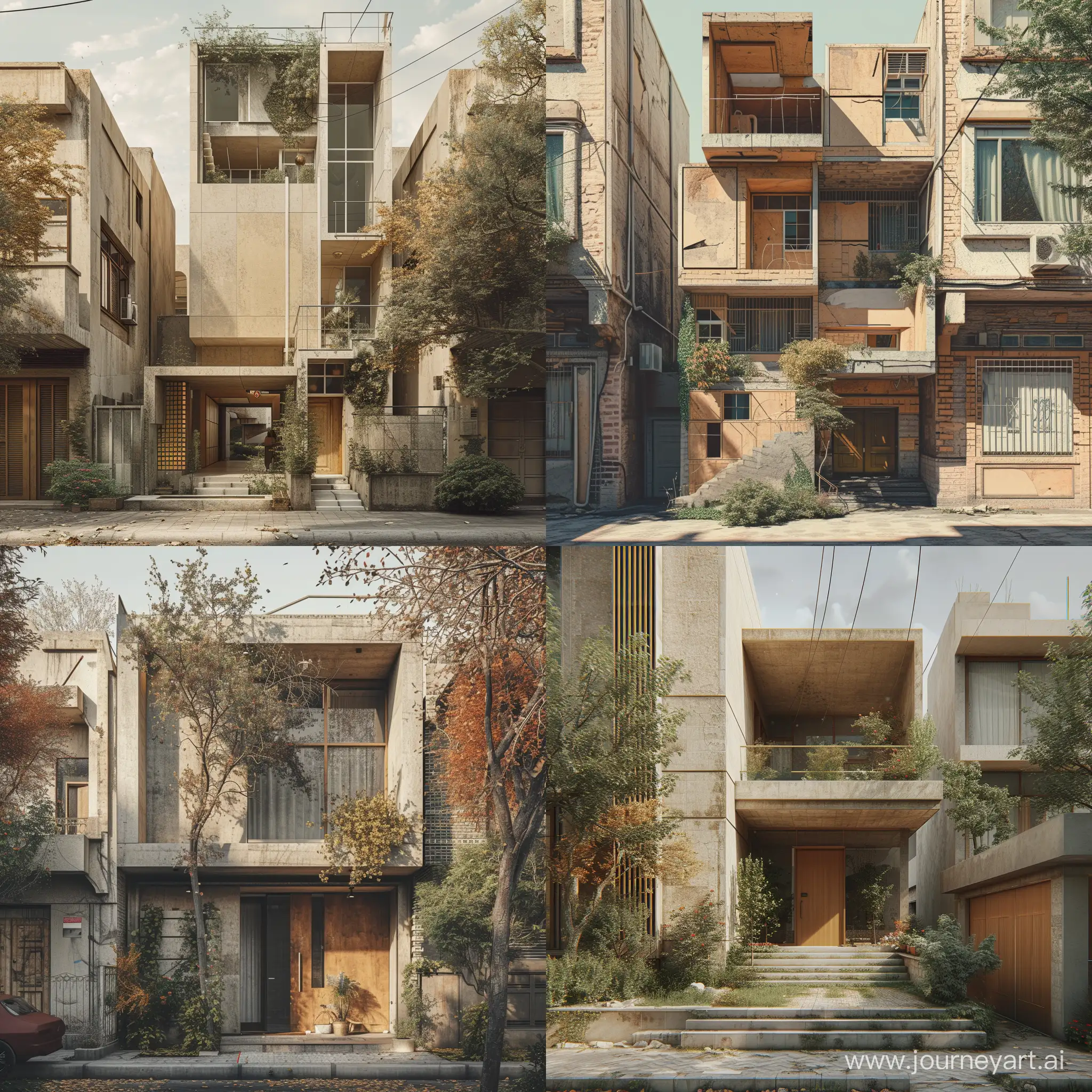 A collage architecture in the urban space of Tehran. Changes should not be exaggerated. This collage-like architecture can be seen in buildings. Focus on the entrance of houses. Collages should be designed with the concepts of architectural phenomenology. And elements of African brutalism architecture can be seen in it. The output should be displayed like a realistic photo.