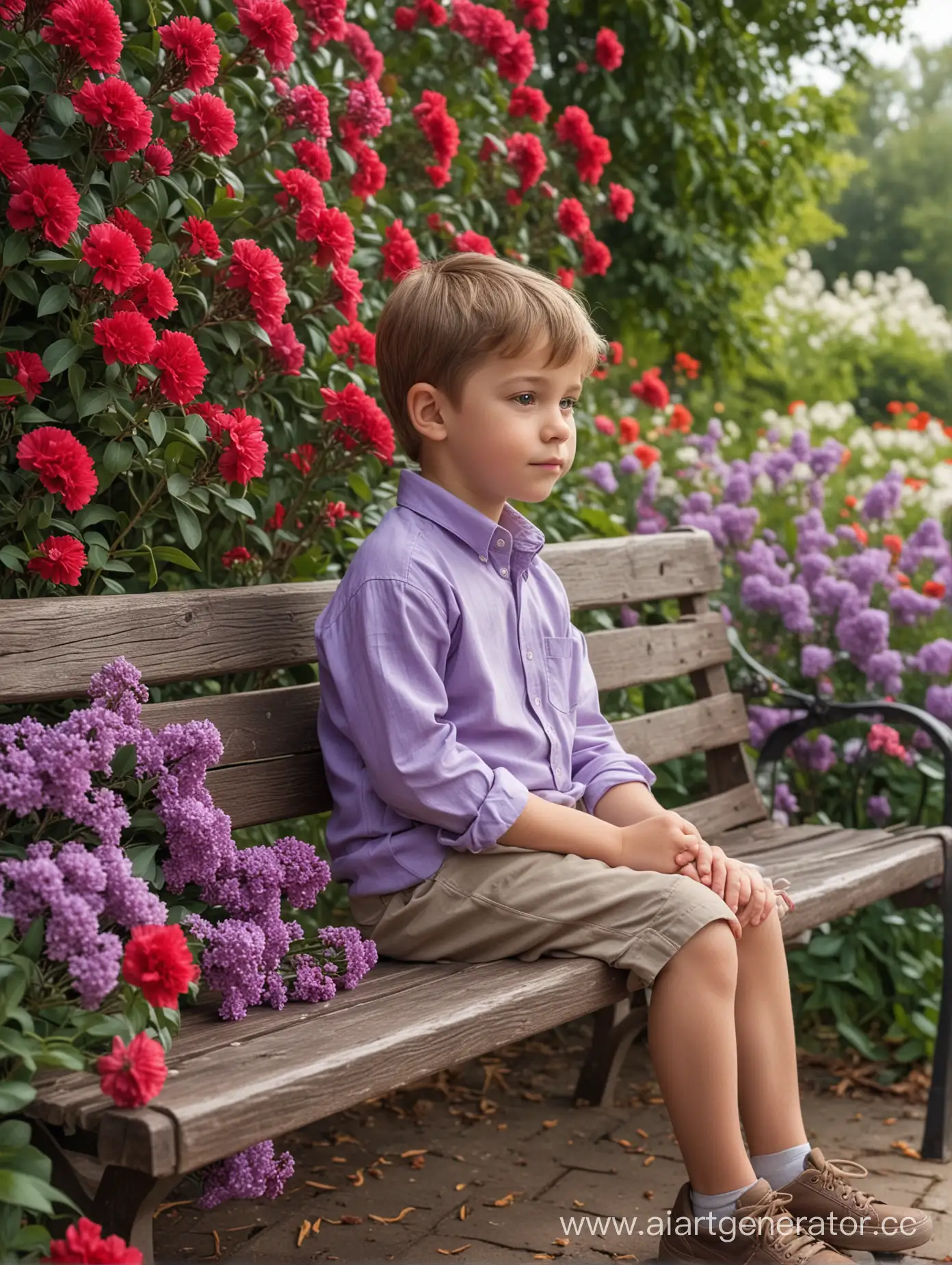Маленький мальчик сидит на лавочке, вокруг цветет сирень, цветы сирени падают, на переднем плане цветы красная гвоздика, фон цветение сирени, фон сильно размыт, очень реалистично