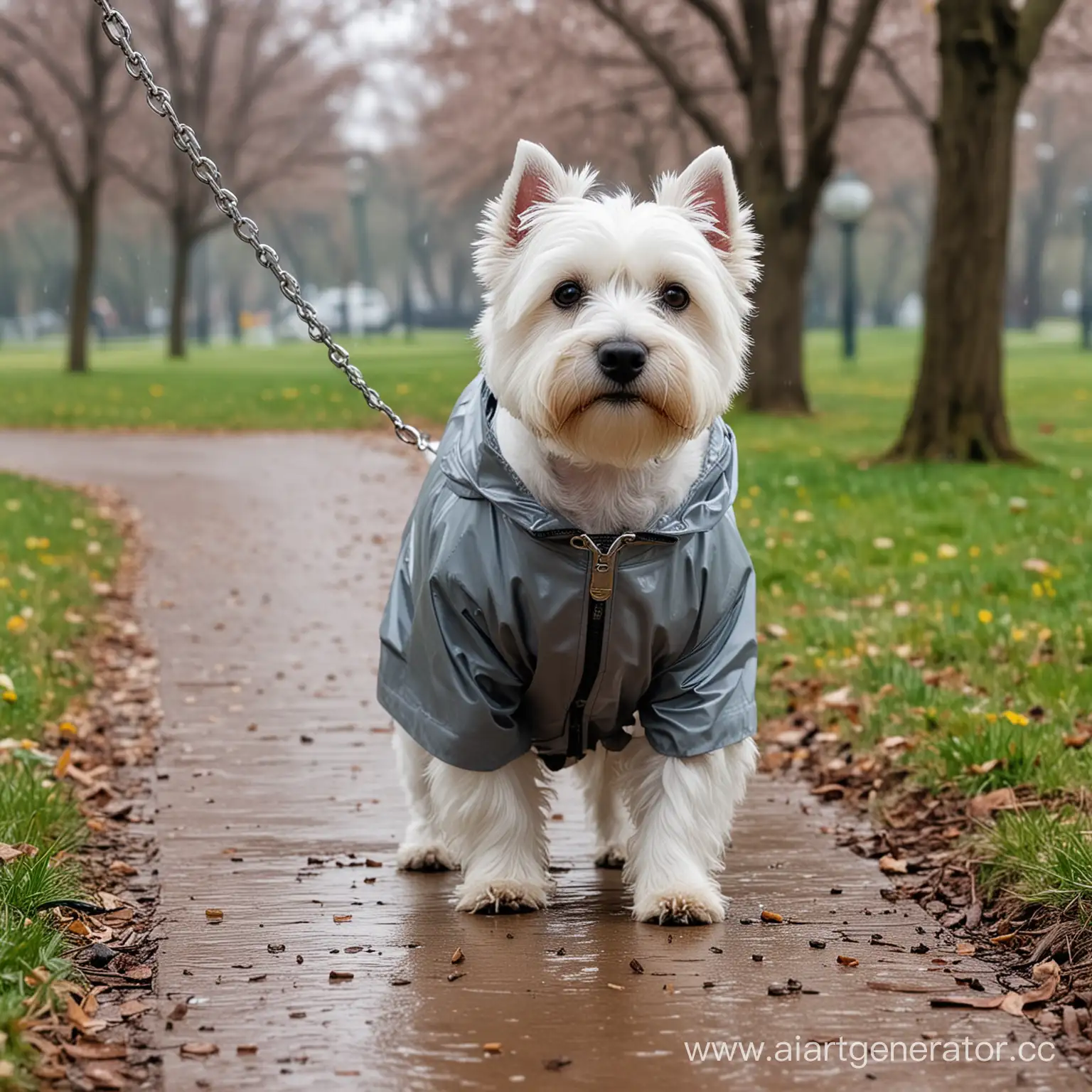 West-Highland-White-Terrier-Walking-in-Spring-Park-with-Raincoat