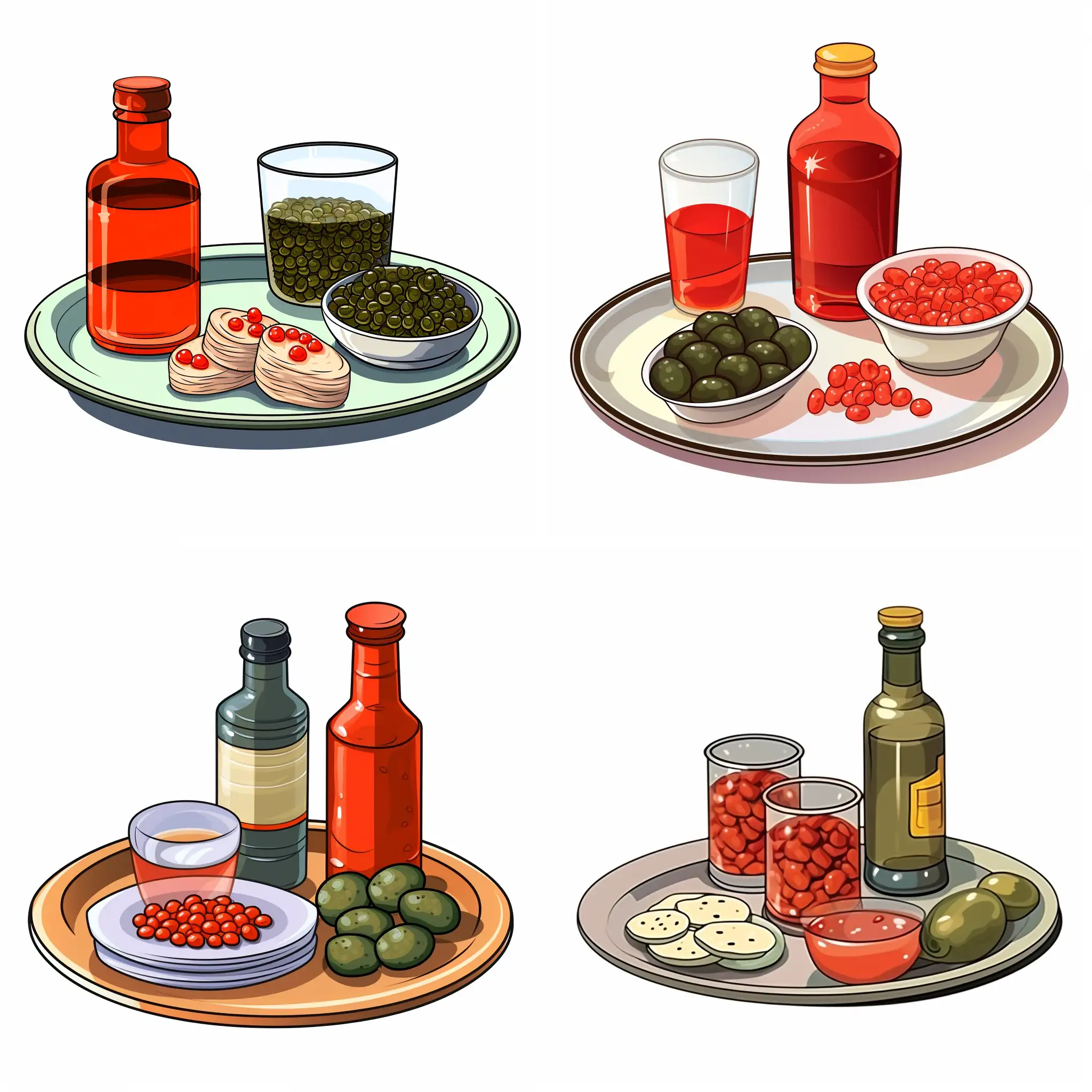 Бутылка водки, огурцы в банке, красная икра на блюде, две рюмки, на белом фоне, мультяшный стиль, иллюстрация