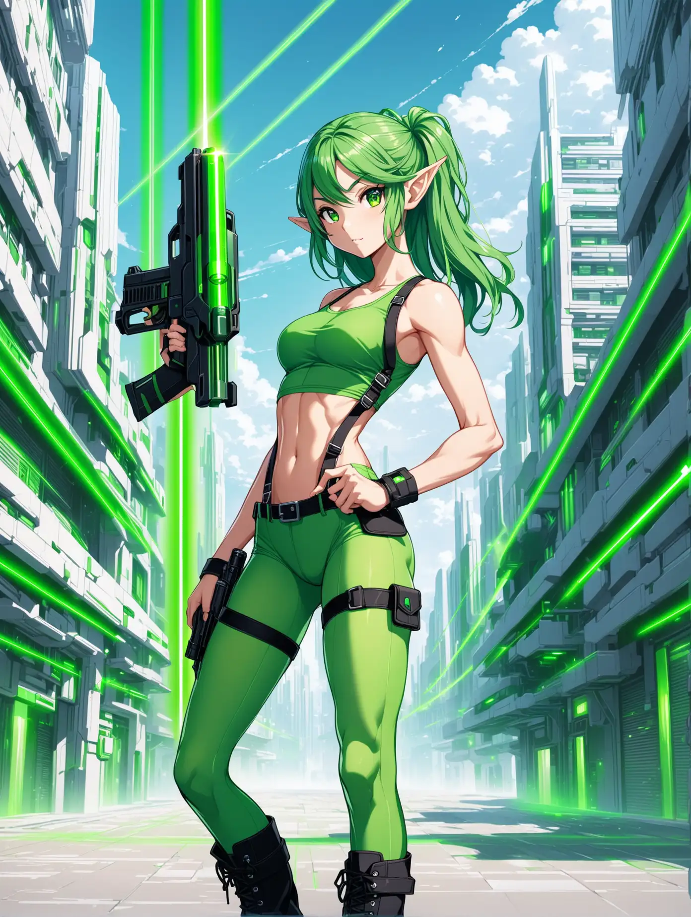 sexy fit 24 year old hero girl, side shave green hair, green eyes, elf ears, posing with green laser gun in futuristic town, super skinny toned body, short green tank top, sexy midriff, wearing suspenders, green tights, holsters on each thigh, combat boots, green black white 3 color minimal design