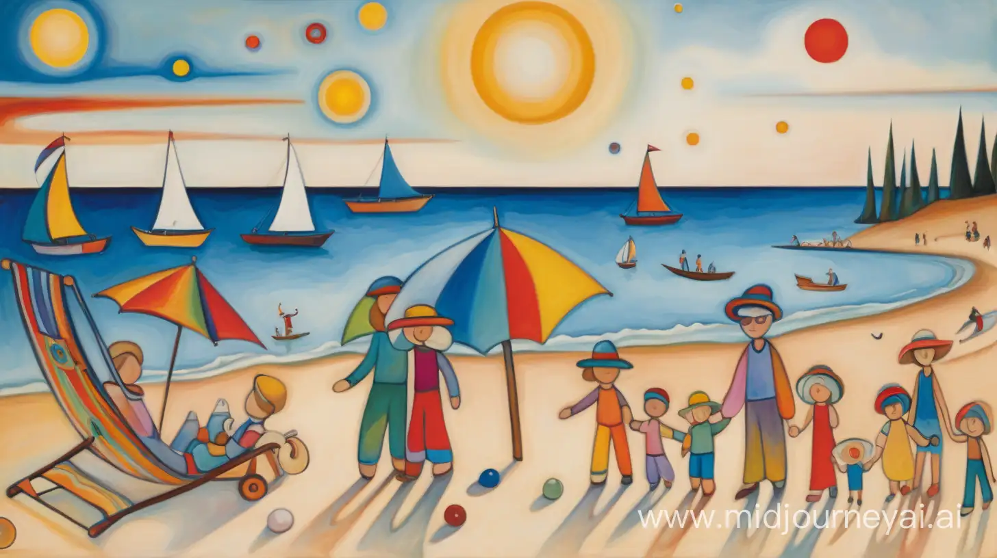 viajes, playas, convivencia, familias, estilo Kandinsky
