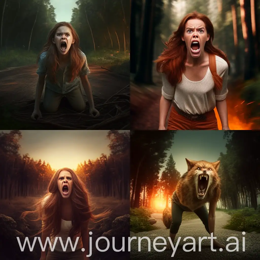 A young woman with loose brown hair, who has been transformed into a fox. The photo is taken while the transformation is almost completed. She is standing on all fours in a forest at sunset. She has a desperate expression, screaming for help. Realistic photograph, full body picture.