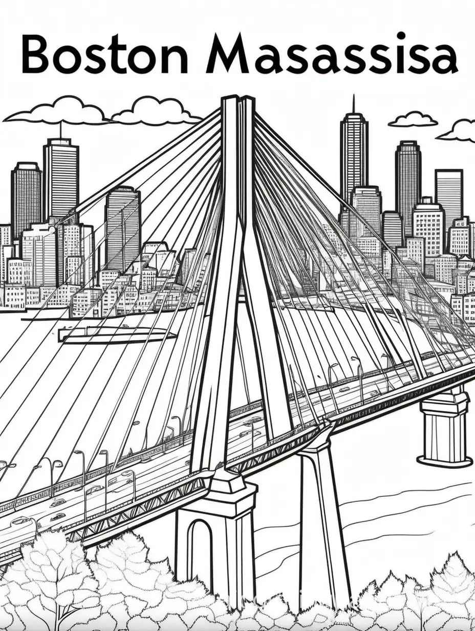 Boston Massachusetts showing the Zakaim Bridge, Coloring Page, black and white, line art, white background, Simplicity, Ample White Space. The background of the coloring page is plain white to make it easy for young children to color within the lines. The outlines of all the subjects are easy to distinguish, making it simple for kids to color without too much difficulty