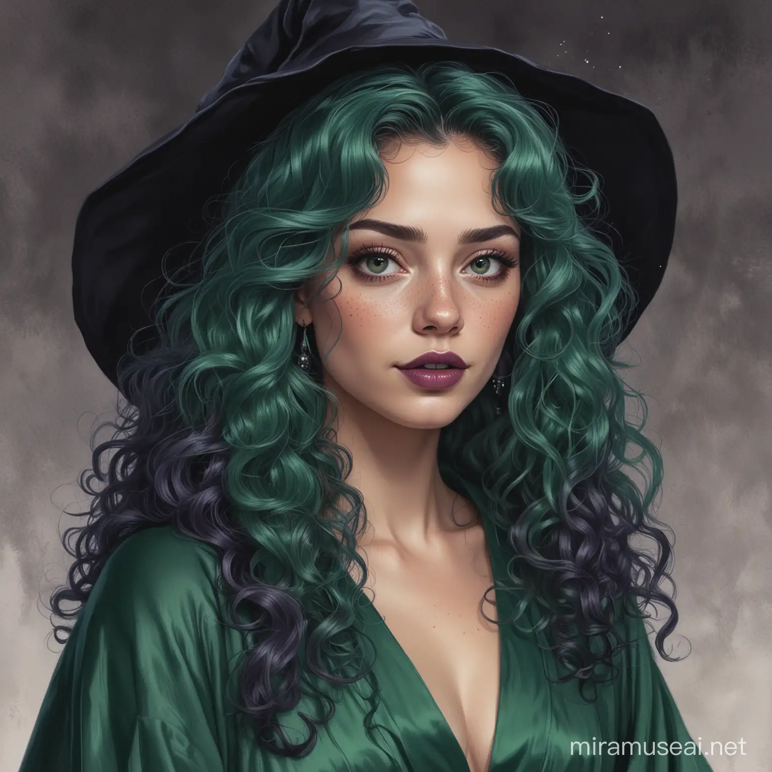 drawing of a witch wearing a long dark green robe; she has gray eyes; long curly emerald hair; purple lipstick; and freckles; she is thin