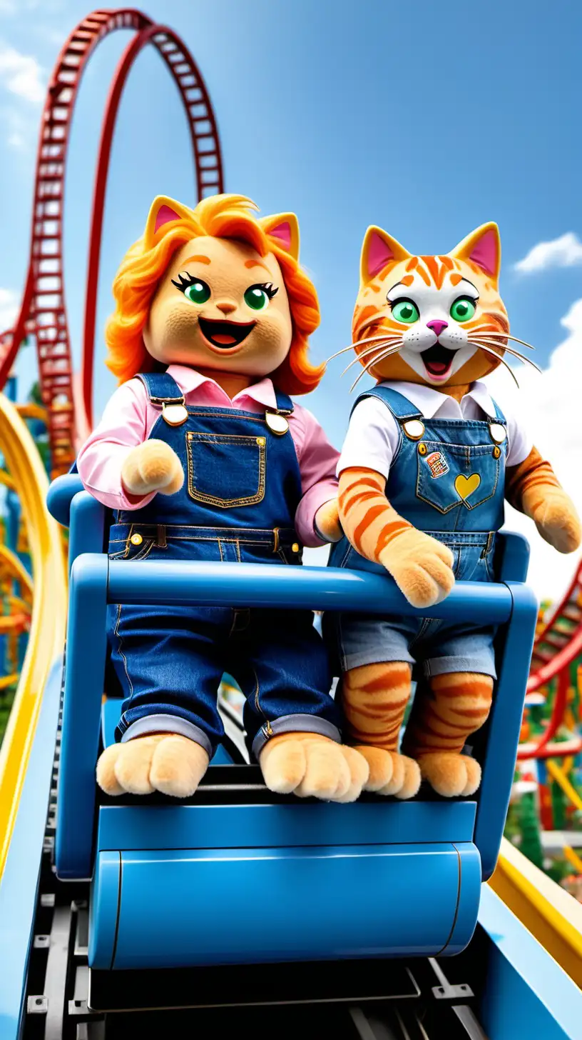 Толстая рыжая кошка одетая в джинсовое платье  и маленький рыжий котенок одетый в джинсовый кобенизон катаются на американских горках в леголенде