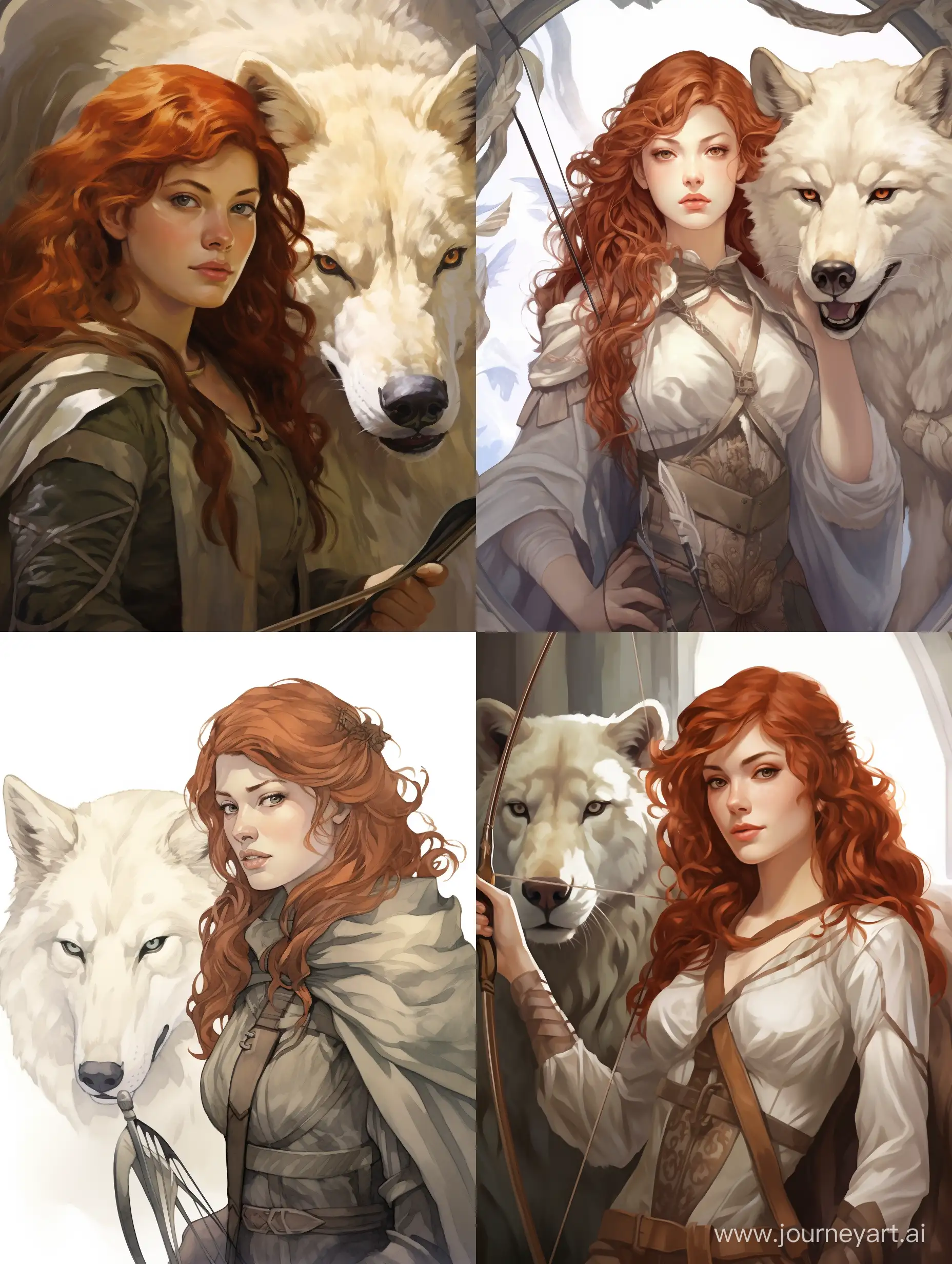 red haired woman, white skin, brown ranger clothing, holding bow, accompanied by gray wolf, portrait