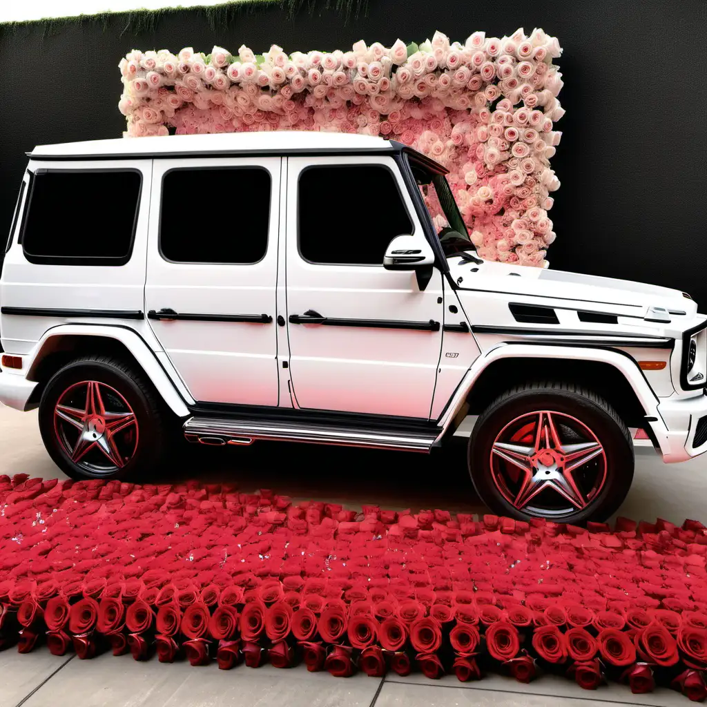 Will you Marry me sign with a Mercedes Benz  g wagon and a bouquet with 300 roses wall 
luxury setting 