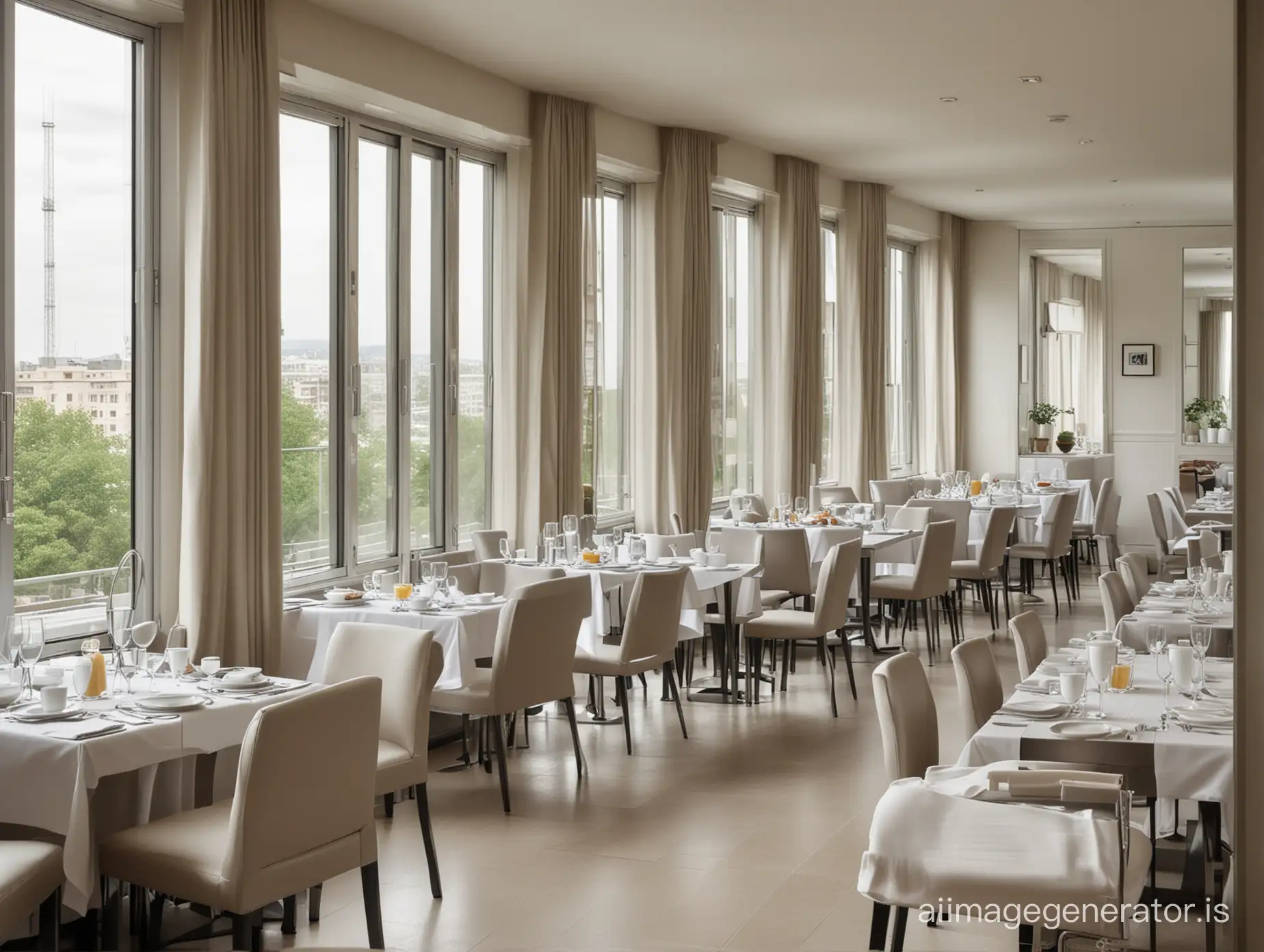 a  breakfast room in a big hotel.  The room is long and narrow. The interior design is contemporary with modern steel furniture with white color.  the  windows are full height like a courtain wall. The windows don't have courtains.