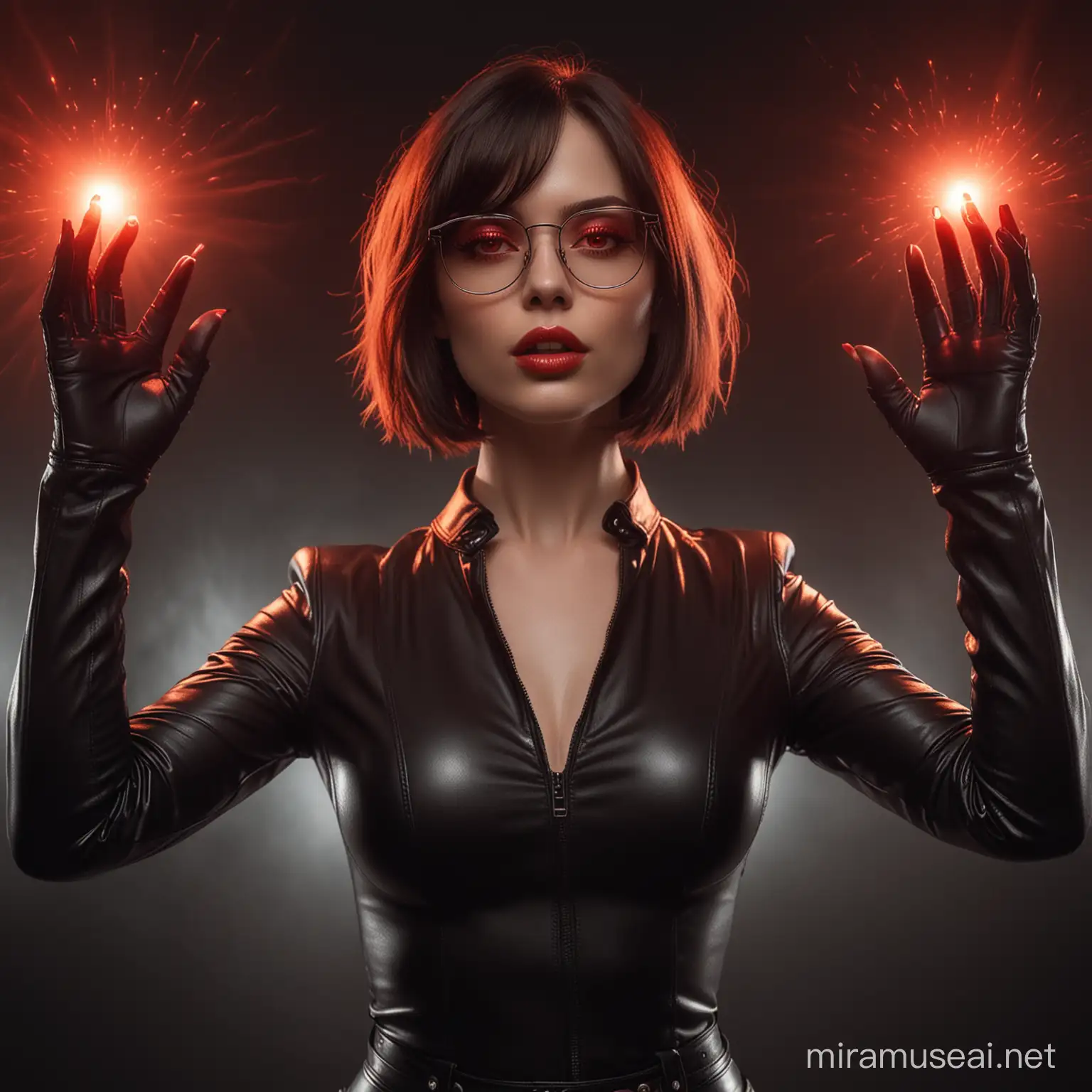 A beautiful pale skin lady with bob hair brown, eyeglasses, red glowing eyes and a black sexy leather outfit, summoning red blowing glow from her hands, while standing in the darkness