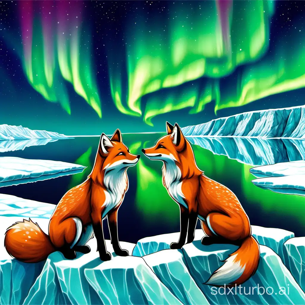 Group of foxes staring in admiration at the Northern Lights. The foxes are standing on icebergs in the ocean