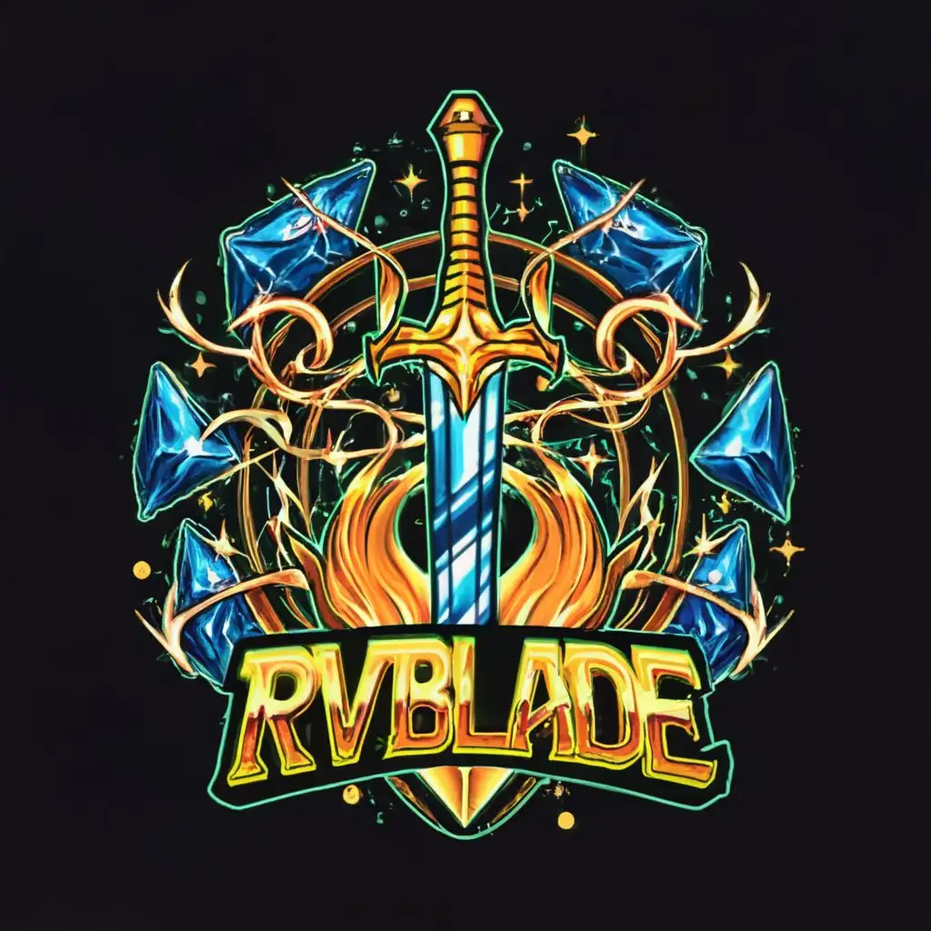 3d gold, metallic logo, single sword facing downwards with fire coming off the edge and galactic lines and shapes around it, with the text "RvBlade", typography, be used in gaming industry