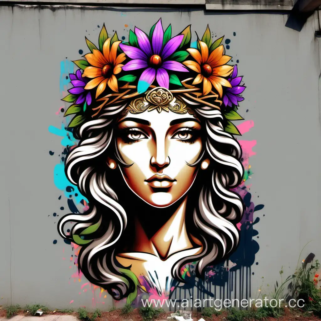 Flora, greek goddess, gorgeous face, hipercolored, wildflower crown, graffiti art, dark spring colors, logoart, 