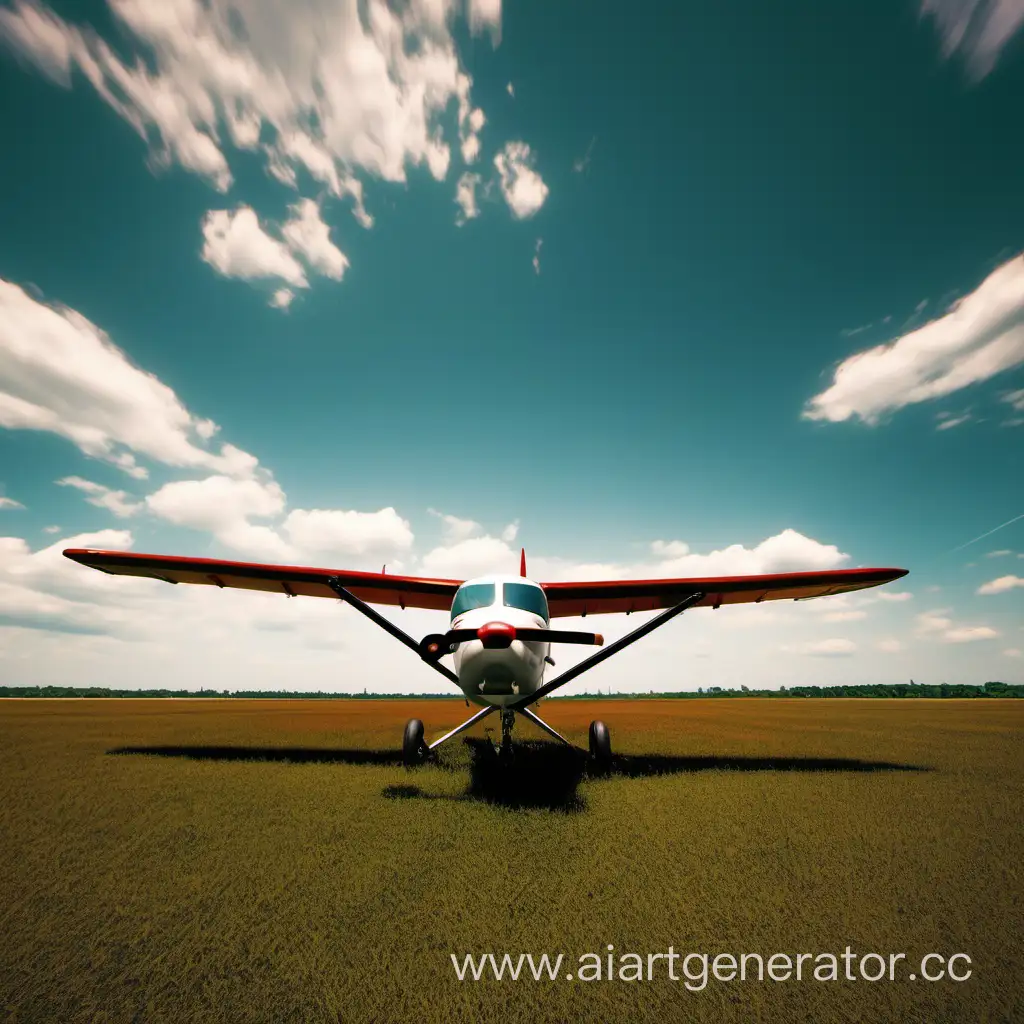 Small-Airplane-Flying-over-Open-Field-with-Blue-Sky