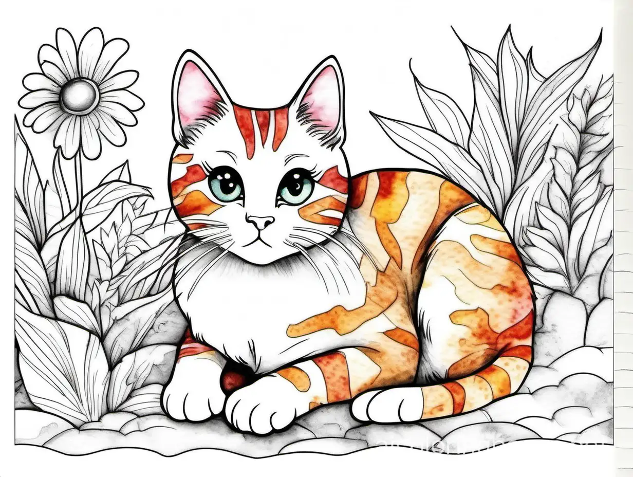 a cute cat watercolor sublimation art, Coloring Page, black and white, line art, white background, Simplicity, Ample White Space. The background of the coloring page is plain white to make it easy for young children to color within the lines. The outlines of all the subjects are easy to distinguish, making it simple for kids to color without too much difficulty