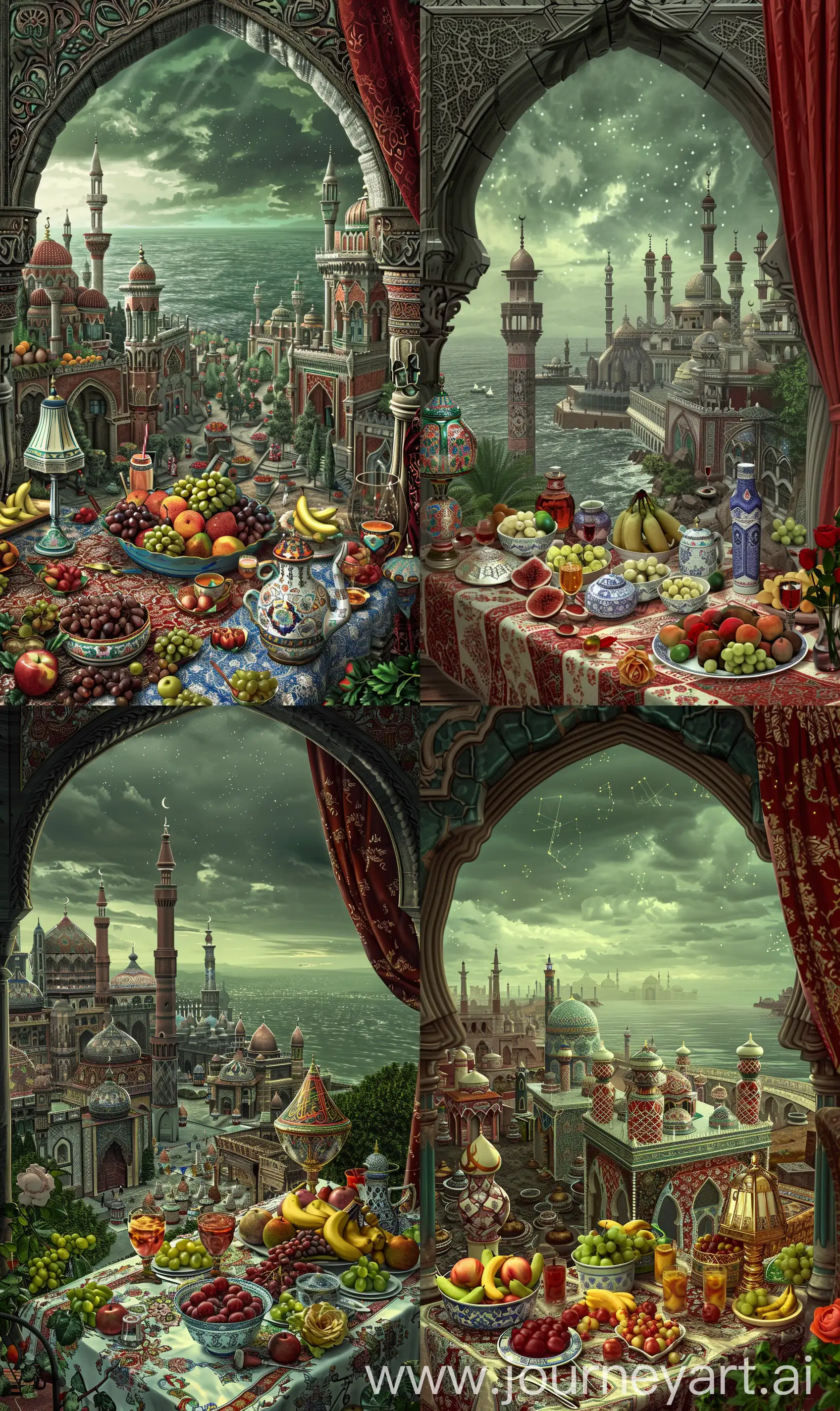 Fantasy art in style of artstation, view from a Timurid arch, view of islamic buildings and mosques having red white blue persian design tiled exterior, beyond a vast grey sea, a table cloth full of islamic ornamented porcelain with many fruits grapes bananas apples, rose tulip flowers and drinks, islamic ornamented lamp on table, arabian curtain on side, dark greenish grey cloudy sky with stars --ar 3:5
