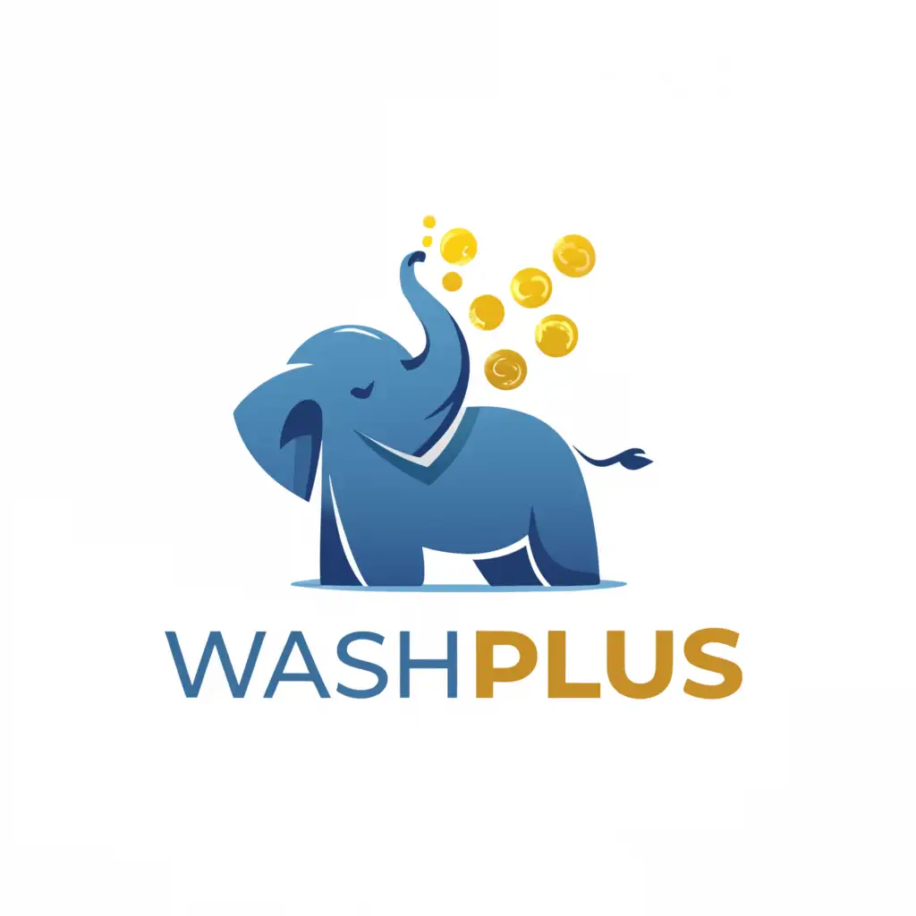 LOGO-Design-For-Wash-Plus-Playful-Blue-Elephant-with-Golden-Coin-Shower-on-Clear-Background