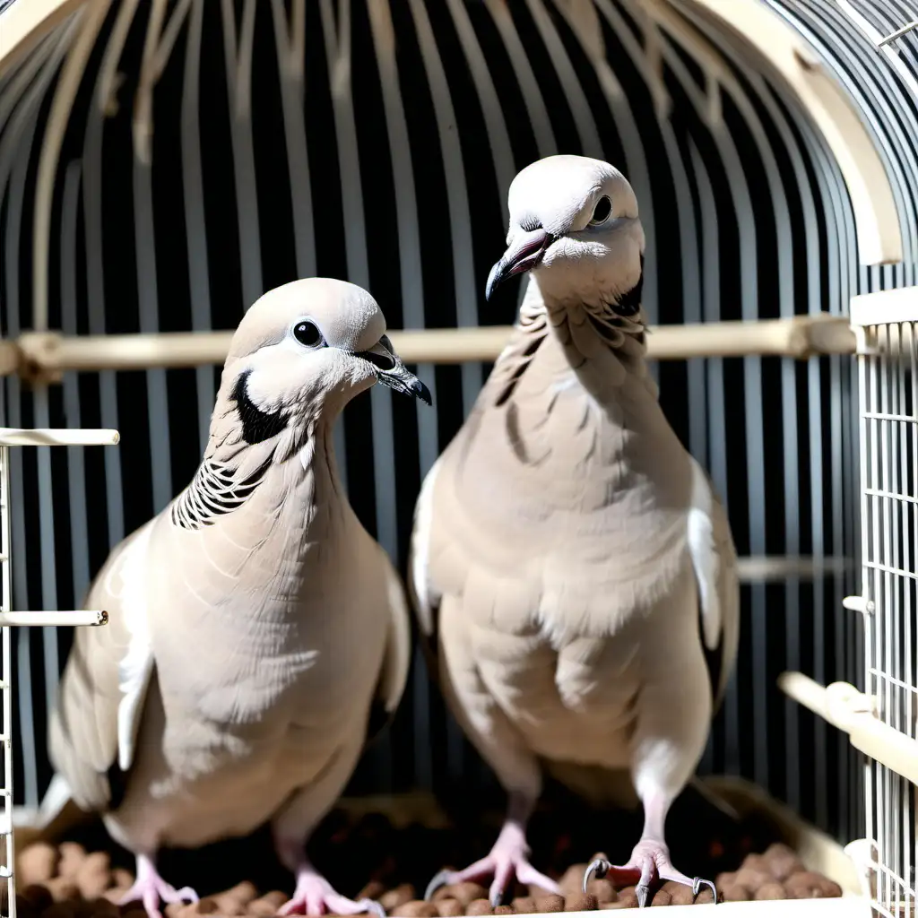 Two Eurasian collared doves that are light brown ring necked doves fully bone white  feathers with a thin distinctive black ring around necks, perched inside of a small cage. 