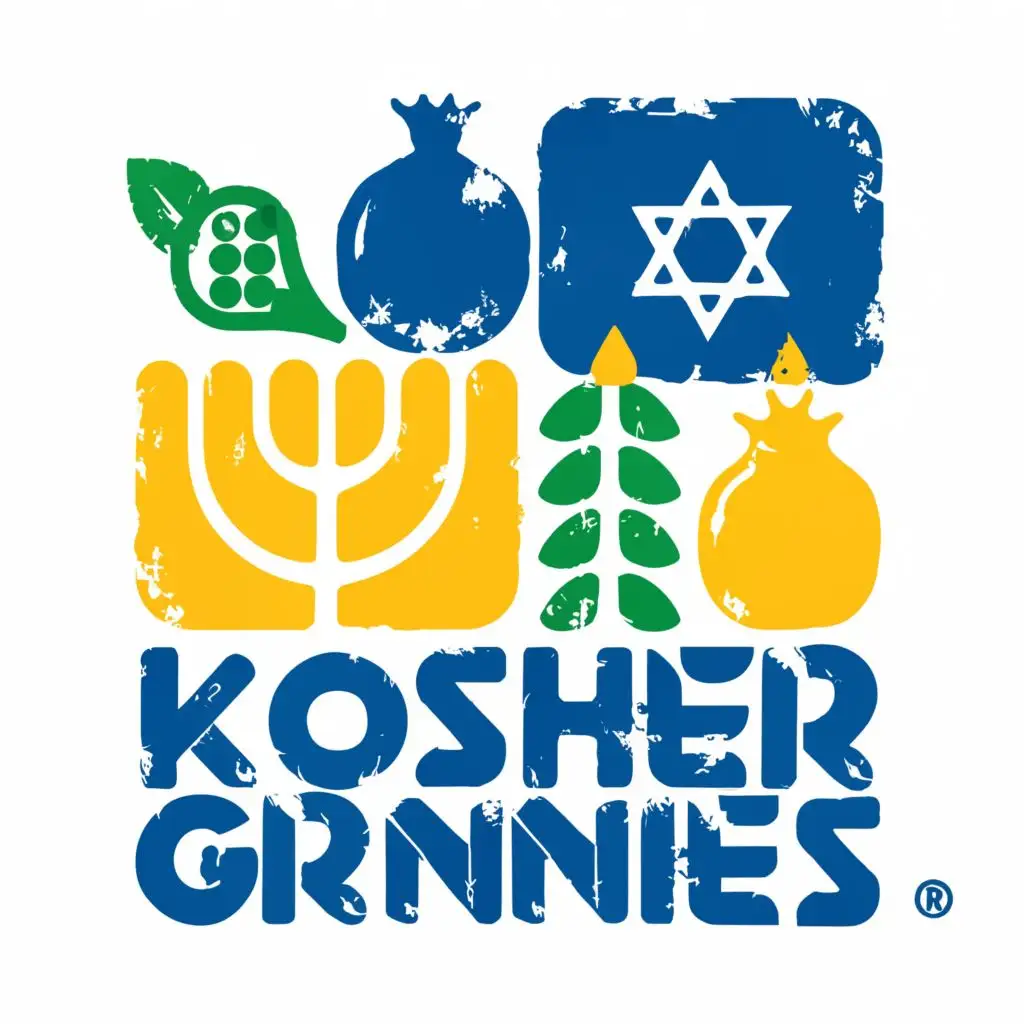 logo, Israel, yellow, blue, white, green, pomegranate, fig, Menorah, grape,Paul Klee, with the text "Kosher Grannies", typography, be used in Automotive industry