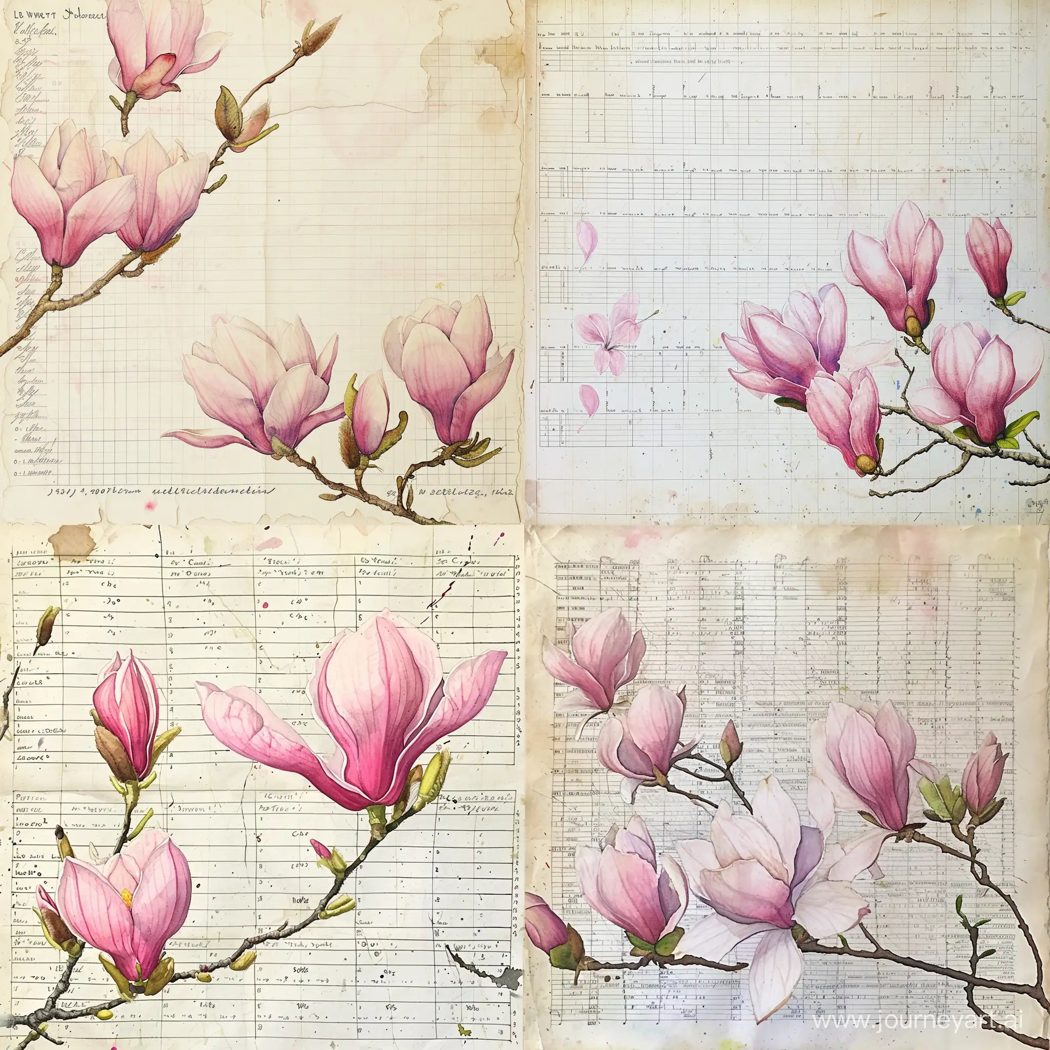 ledger page for background, magnolia blossoms painted in watercolor