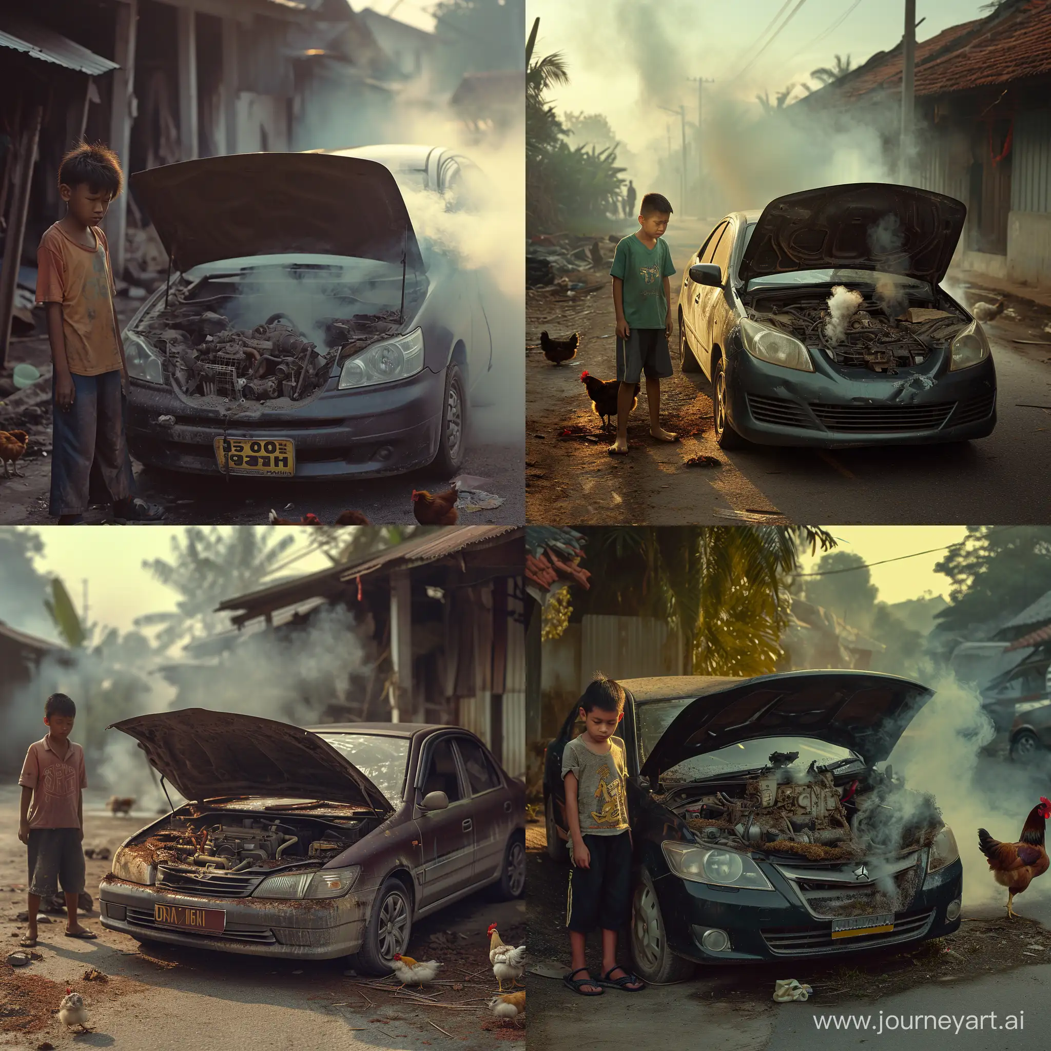 Ultra realistic, close up, car broke down on the side of the road. The front bonnet was open and there was smoke coming out of the car engine. Perodua myvi brand car made in Malaysia. A young Malay man stood next to the car with a sad face. the atmosphere of a Malay village in the morning with the refraction of the morning sun. There are chickens running around. canon eos-id x mark iii dslr --v 6.0