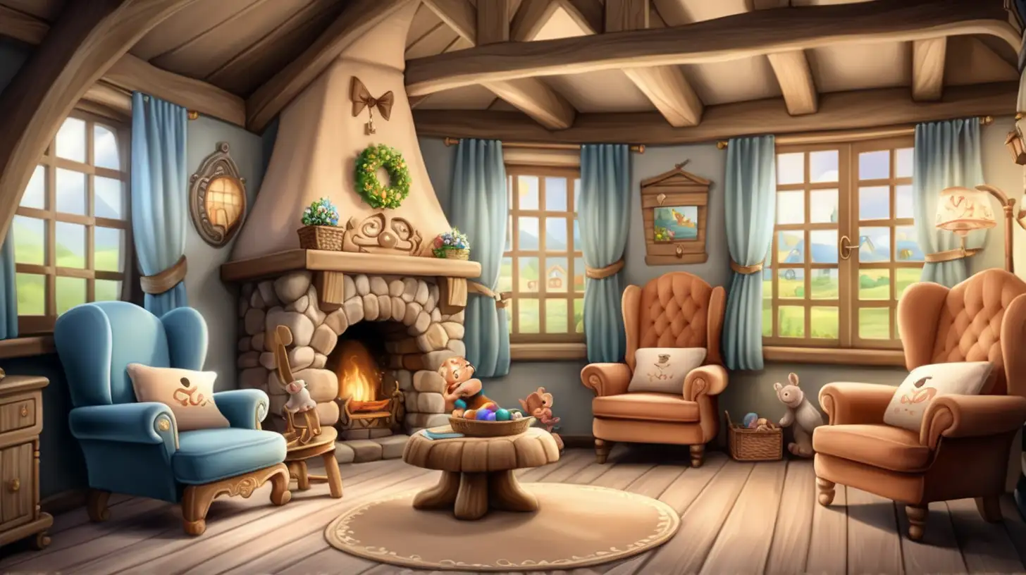 the interior living room with one large chair, one medium chair and one small chair for a child of a small cozy cottage in fairytale story style