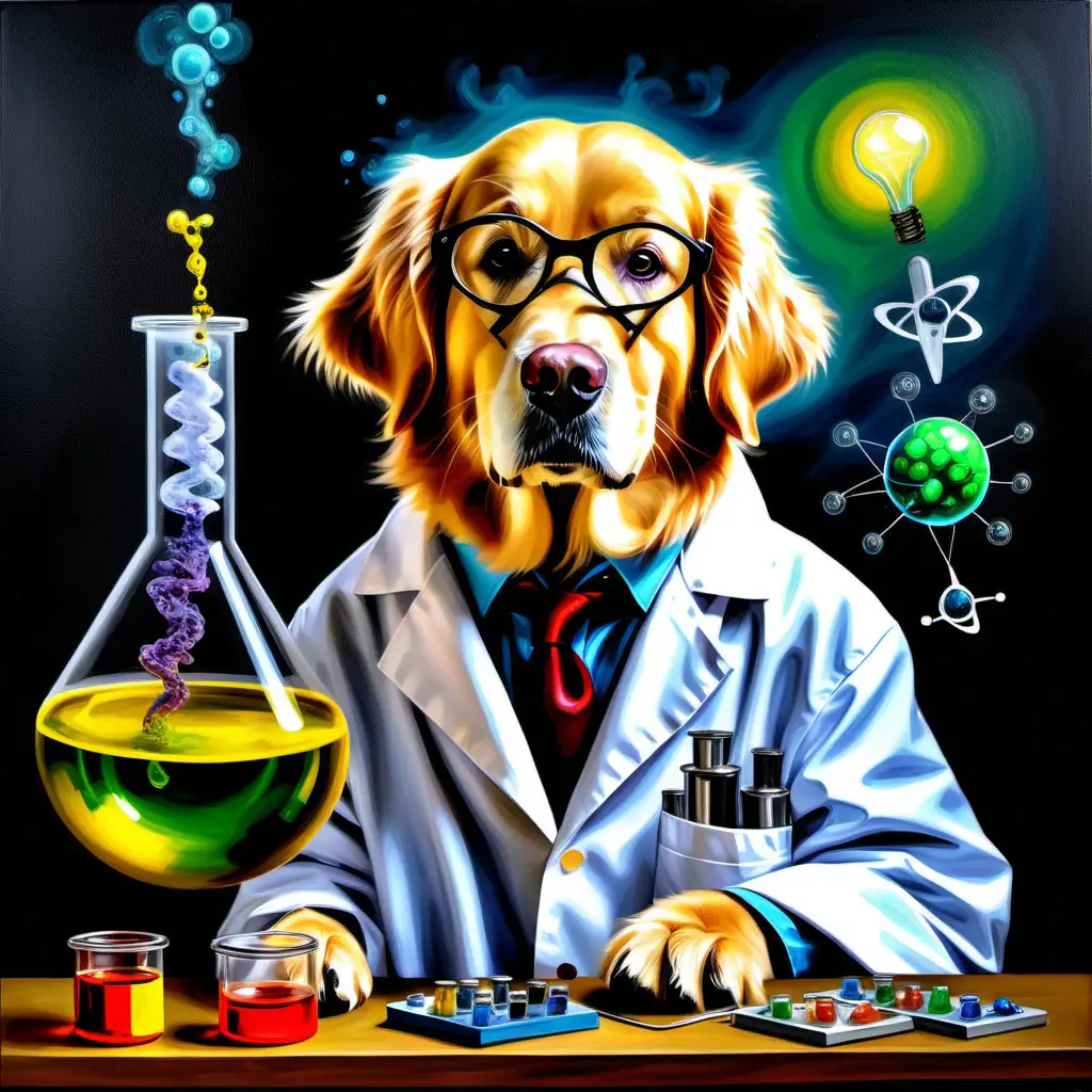 Golden Retriever Scientist Conducting Experiments in Oil Painting