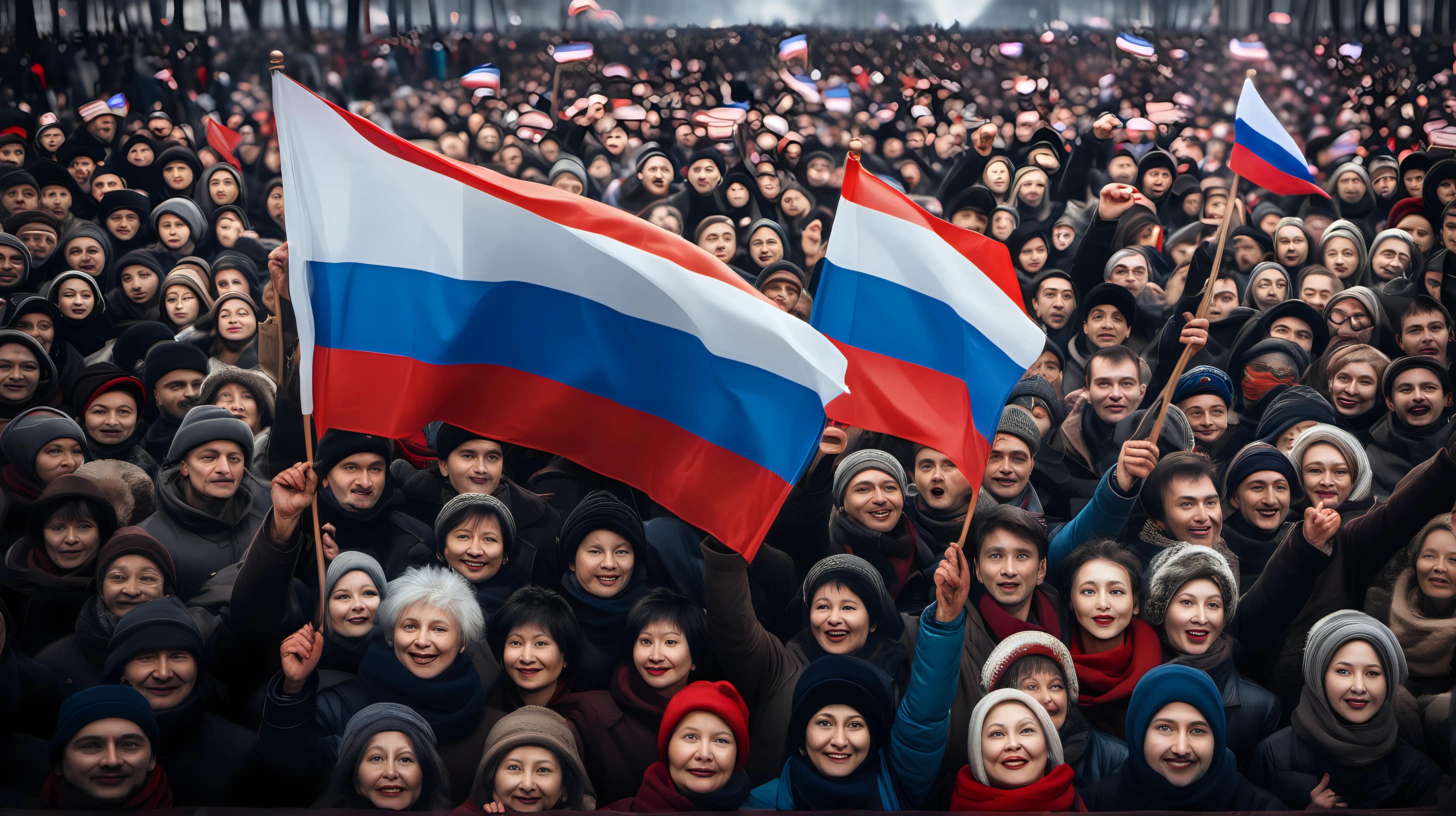 Showcase a person participating in a patriotic event, holding the Russian flag aloft, surrounded by fellow citizens, expressing their collective love for the country.